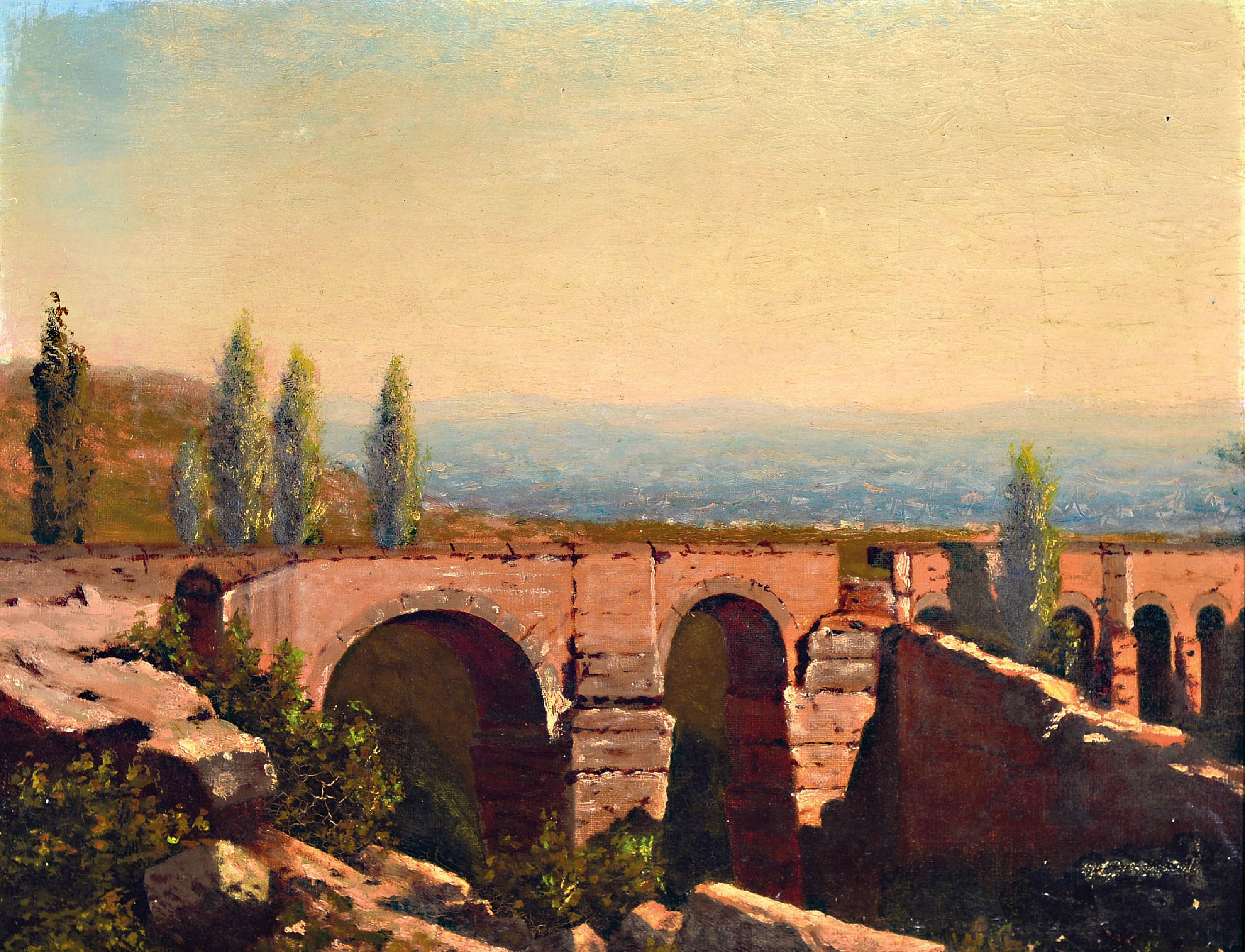 Image 27008569 - Unbekannter Künstler, um 1900, Blick auf ein römisches Aquädukt, im Hintergrund weite ...