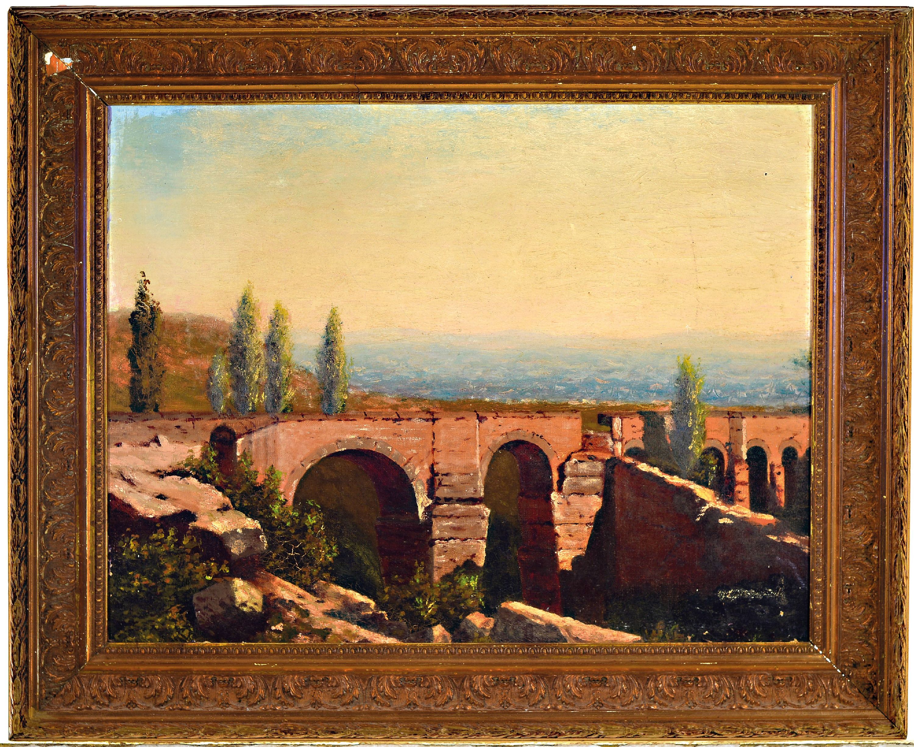 Detail k: Unbekannter Künstler, um 1900, Blick auf ein römisches Aquädukt, im Hintergrund weite sommerliche Landschaft, Öl/Lwd/Holz, unsign., ca. 39x50cm, ...