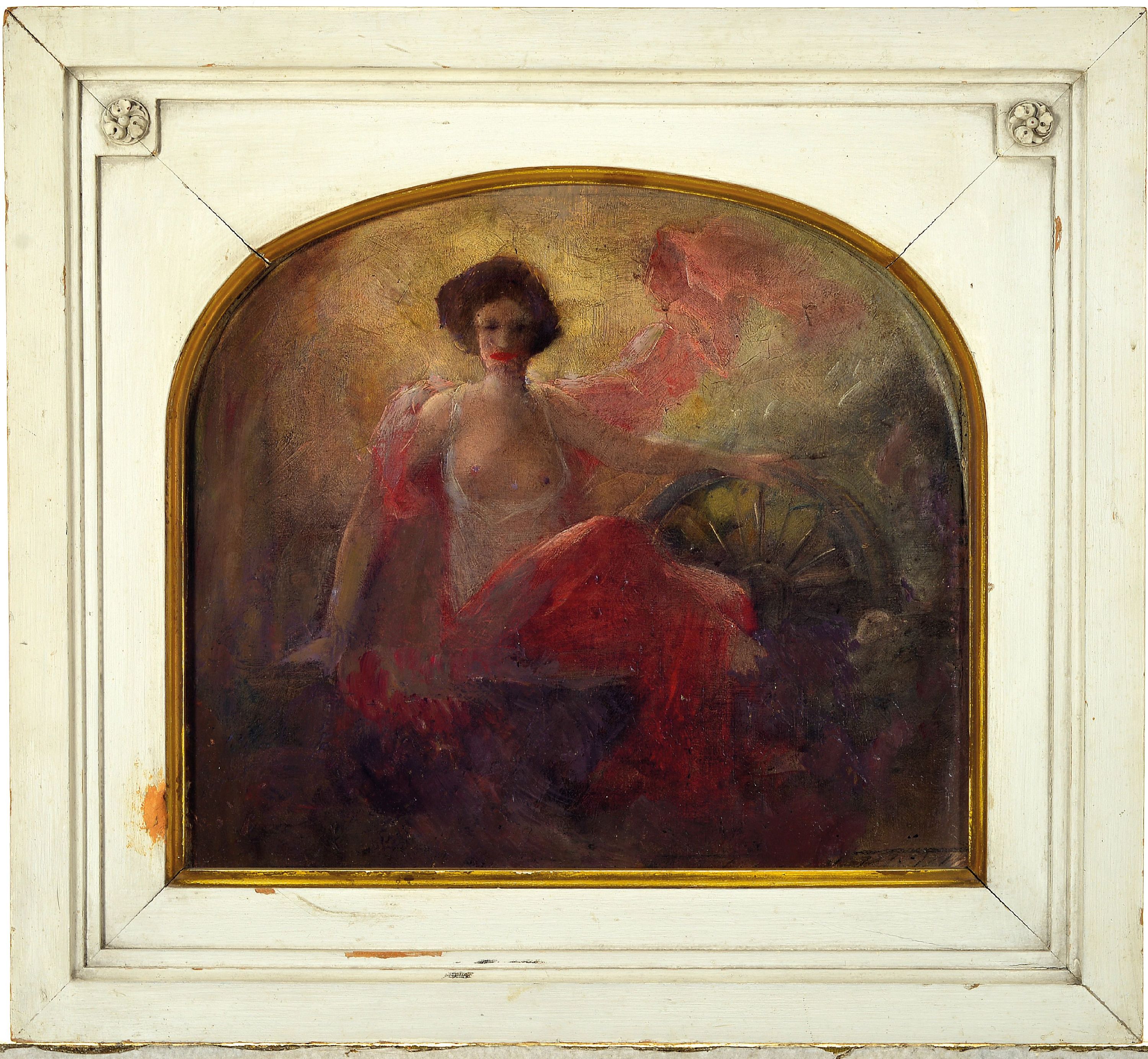 Detail k: Unbekannter Künstler, wohl Frankreich, um 1900, sitzender Halbakt mit Wagenrad, Öl/Malkarton, unsign., ca. 33x38cm, R. ca. 48x53cm