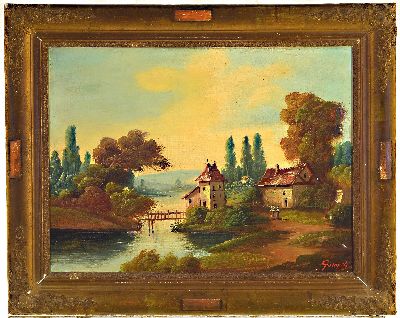 27008562k - Unbekannter Künstler des 19. Jh., Idyllische Landschaft mit Bauernhaus, Gewässer und ...