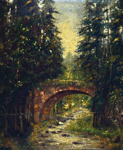 Image Monogrammist L.D., datiert 1913, Waldinterieur mit Bachlauf und steinerner Brücke, ...
