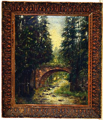 27008564k - Monogrammist L.D., datiert 1913, Waldinterieur mit Bachlauf und steinerner Brücke, ...