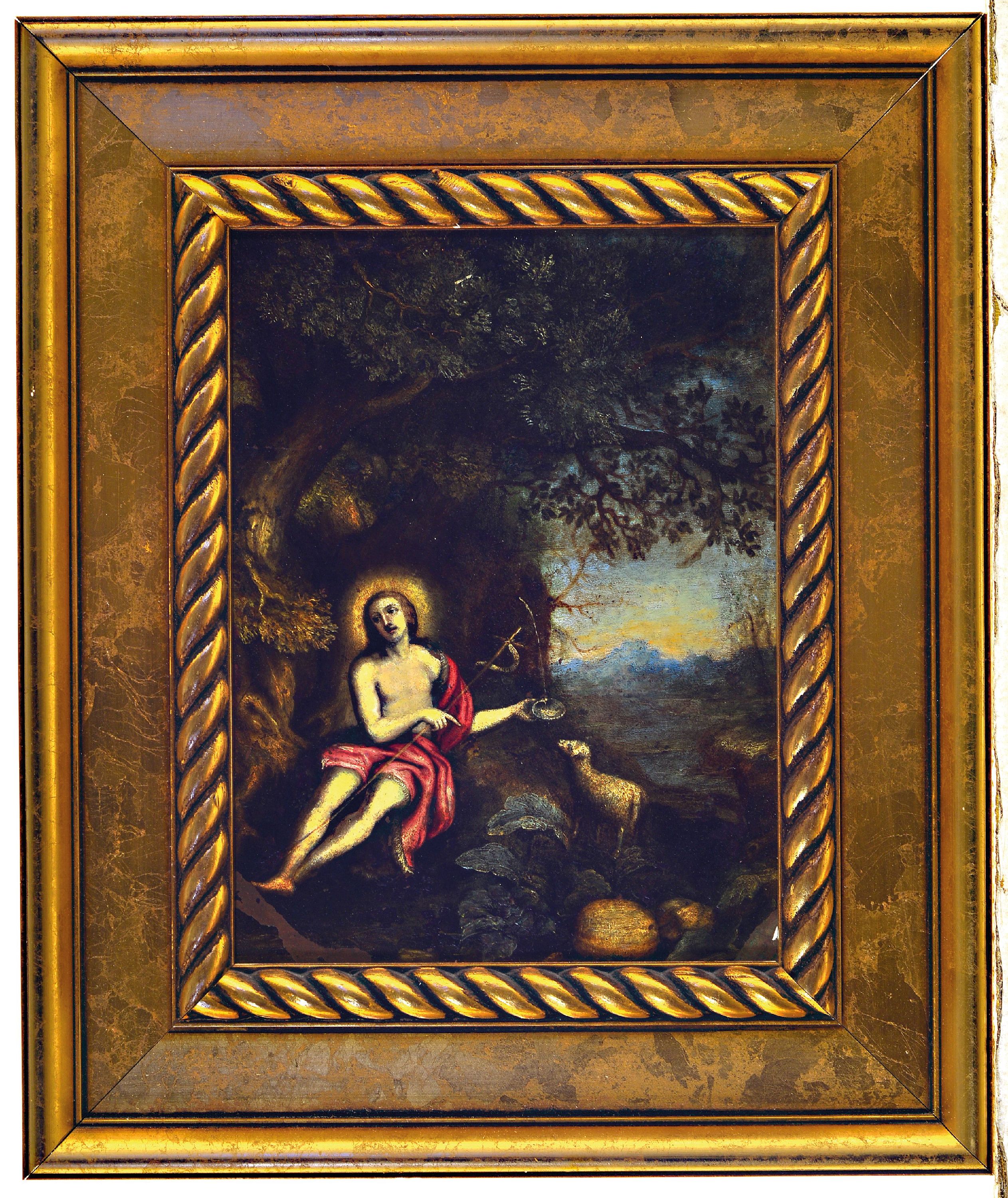 Detail k: Unbekannter Künstler, um 1720-30, Der Hl. Johannes mit dem Lamm vor idealer Landschaft, Öl/Kupfer, links unten besch. mit Farbfehlstelle, ca. ...