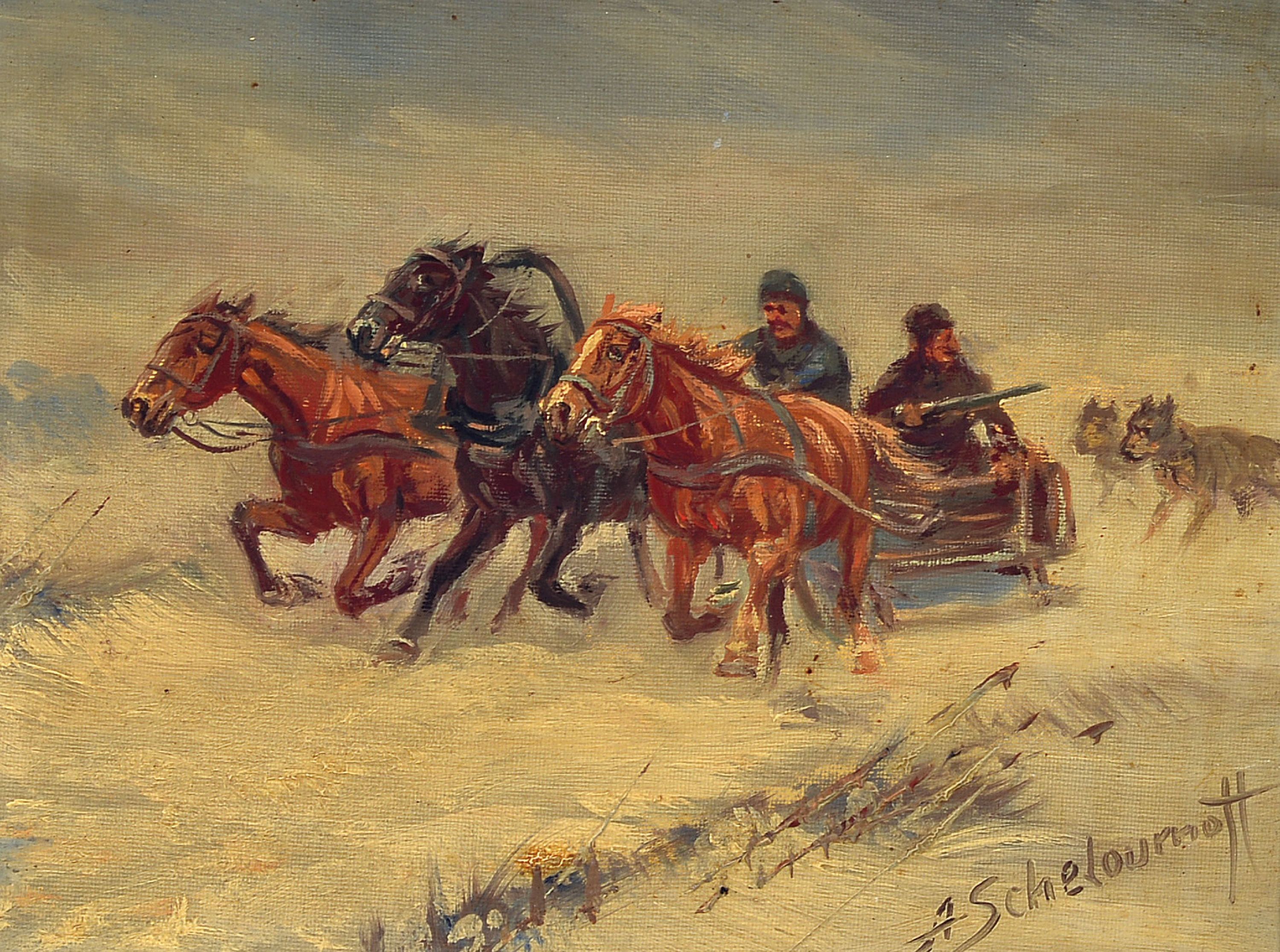 Afanasij Ivanovic Scheloumoff, 1892-1983, von Wölfen verfolgter Troika-Schlitten, Öl/Lwd, rechts unten sign., ca. 18.5x24.5cm, R. ca. 36x42cm