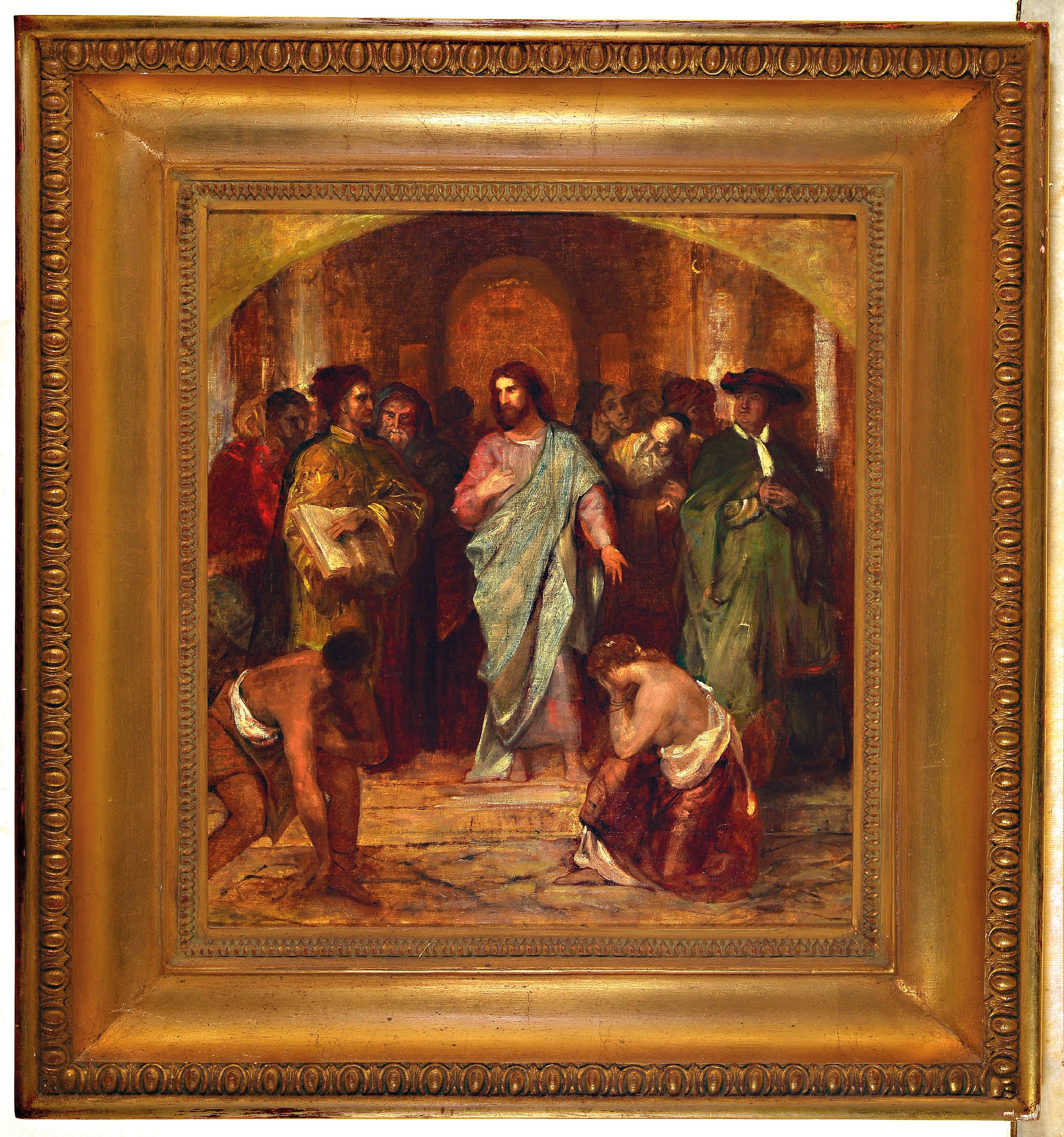 Detail k: Unbekannter Künstler, Nazarener, 2. Hälfte 19. Jh., Jesus im Tempel, vielfigurige Szene, Öl/Holz, ca. 46x41cm, R. ca. 64x60cm