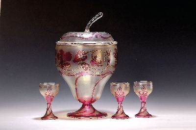 Image Jugendstil Bowleservice, Anfang 20.Jh., farbloses Glas, mattiert, roter ...