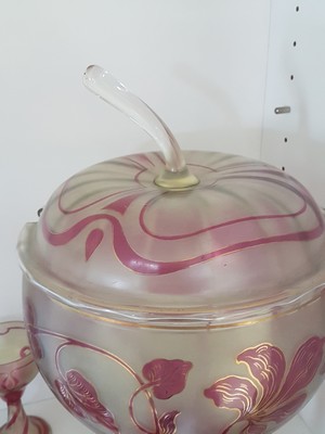 27008625c - Jugendstil Bowleservice, Anfang 20.Jh., farbloses Glas, mattiert, roter ...