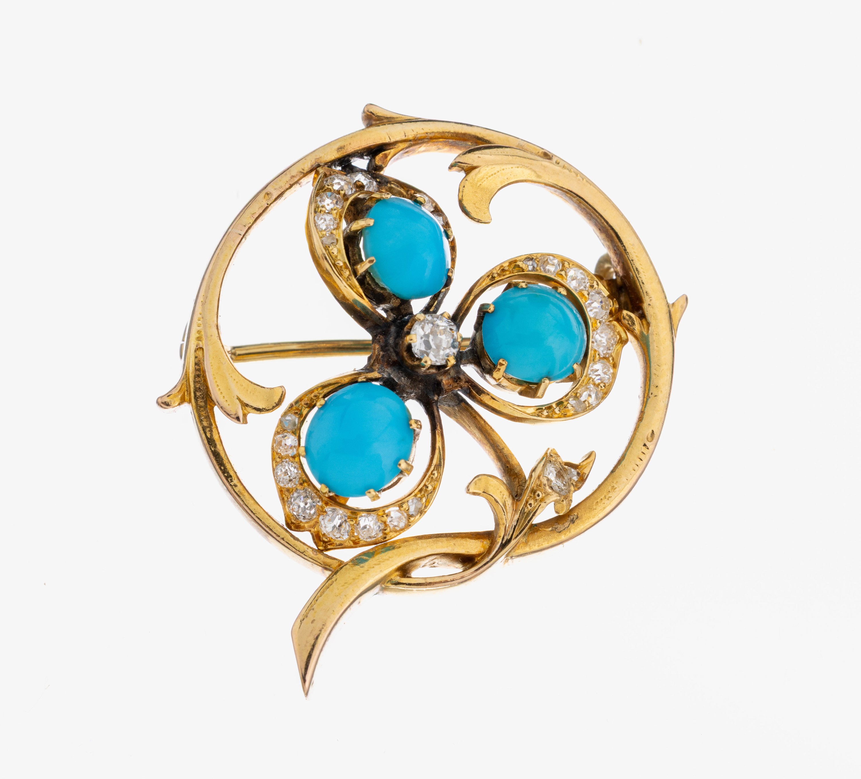 Image 27008831 - 14 kt Gold Türkis-Diamant-Brosche, GG 585/000, um 1900, 3 Türkiscabochons, Altschliff- ...