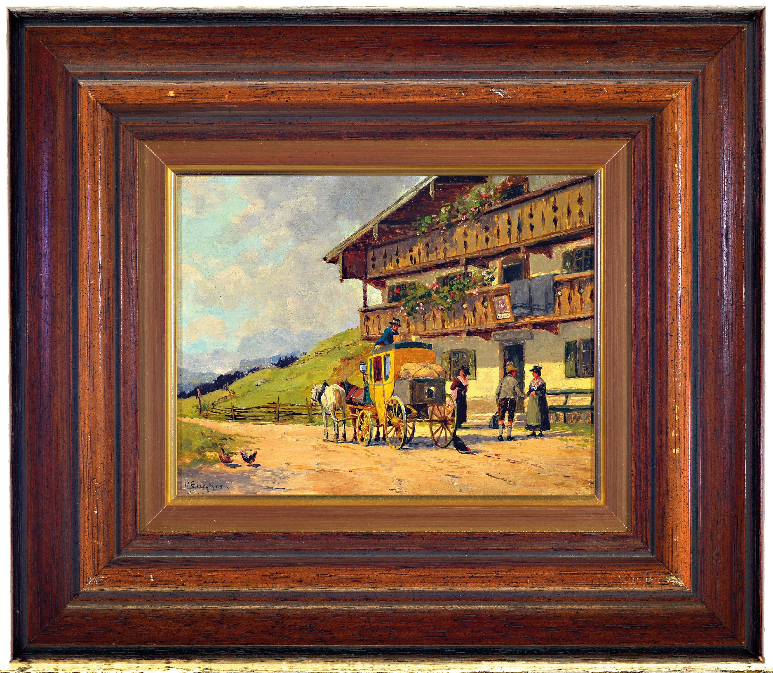 Detail k: Peter Eichhorn, 1877 Bamberg-1960 München, Vor der Post, rückseitig so betitelt, Öl/Holz, links unten sign., ca. 14x18cm, R. ca. 28x32 cm