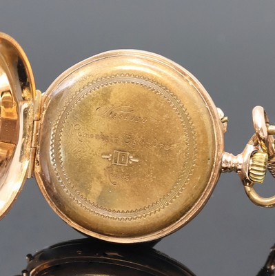 27008851b - Offene Damentaschenuhr in RoseG 585/000 mit vergoldeter Kette, Schweiz um 1900, grav. ...