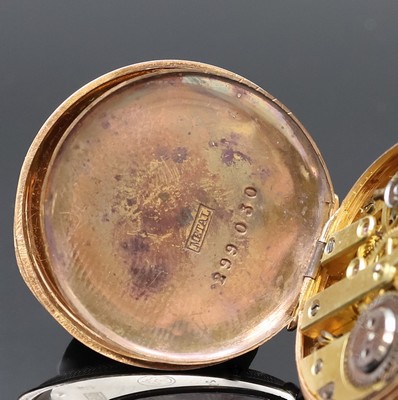 27008851d - Offene Damentaschenuhr in RoseG 585/000 mit vergoldeter Kette, Schweiz um 1900, grav. ...