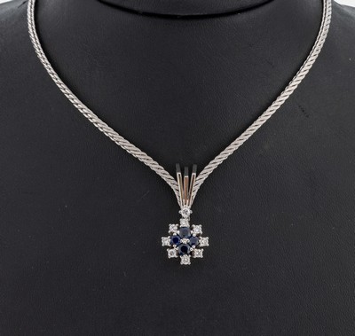 Image 14 kt gold sapphire-brilliant-necklace , WG 585/000, 4 round bevelled sapphires total ...