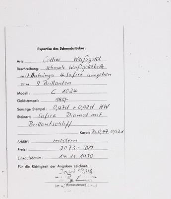 27009289a - 14 kt Gold Saphir-Brillant-Collier, WG 585/000, 4 rundfacett. Saphire zus. ca. 0.92 ct, ...