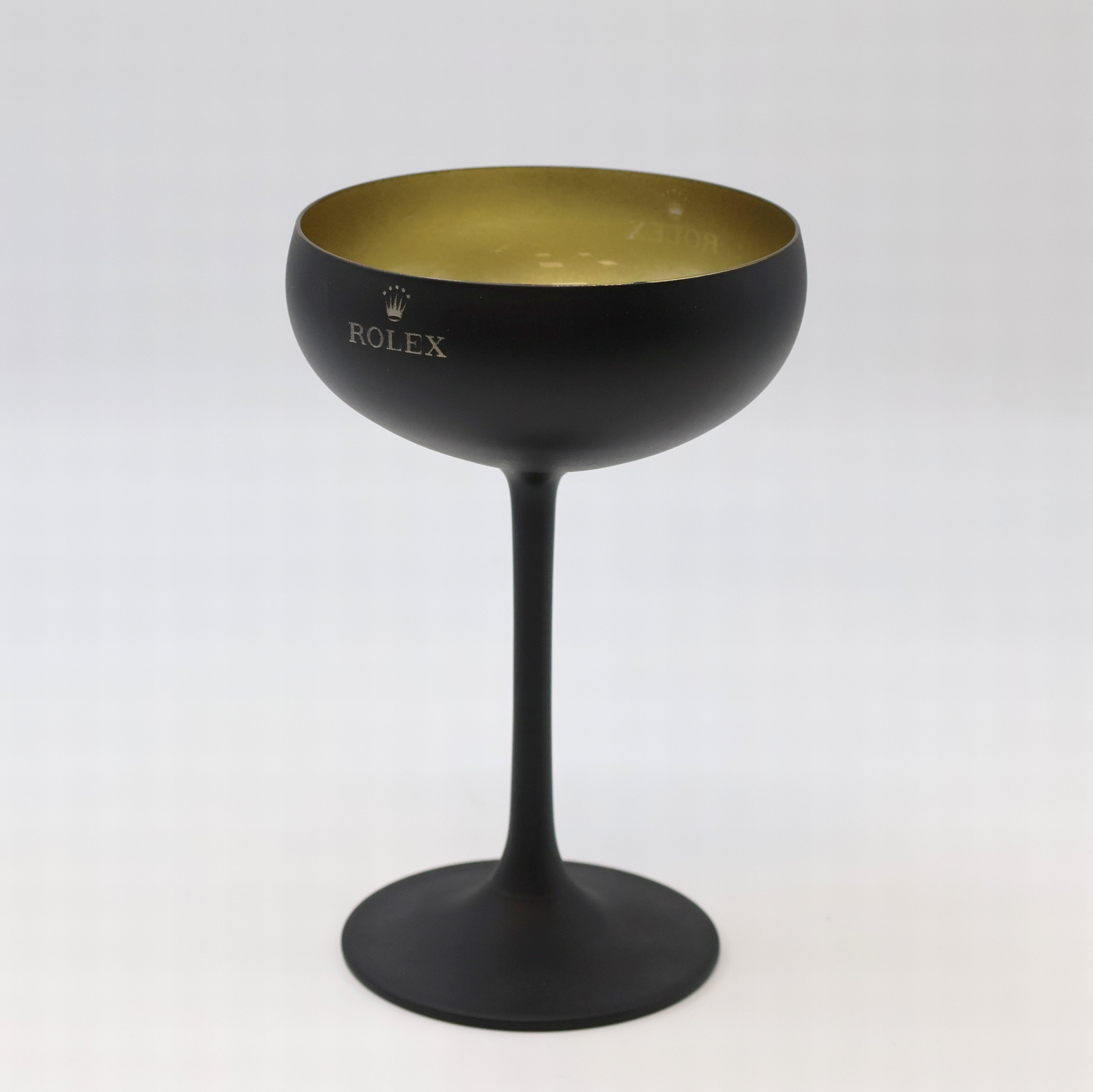 Detail a: ROLEX auf 50 Stück limitierter Champagner- Kelch, Schweiz, Glas matt-schwarz, innen goldfarb., H. ca. 14,5 u. D. ca. 9,5 cm, in gebrauchsfähigem ...