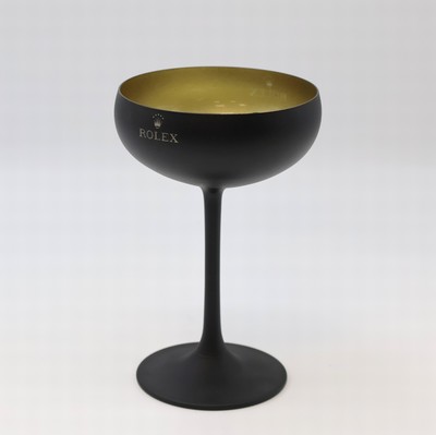 27009368a - ROLEX auf 50 Stück limitierter Champagner- Kelch, Schweiz, Glas matt-schwarz, innen ...