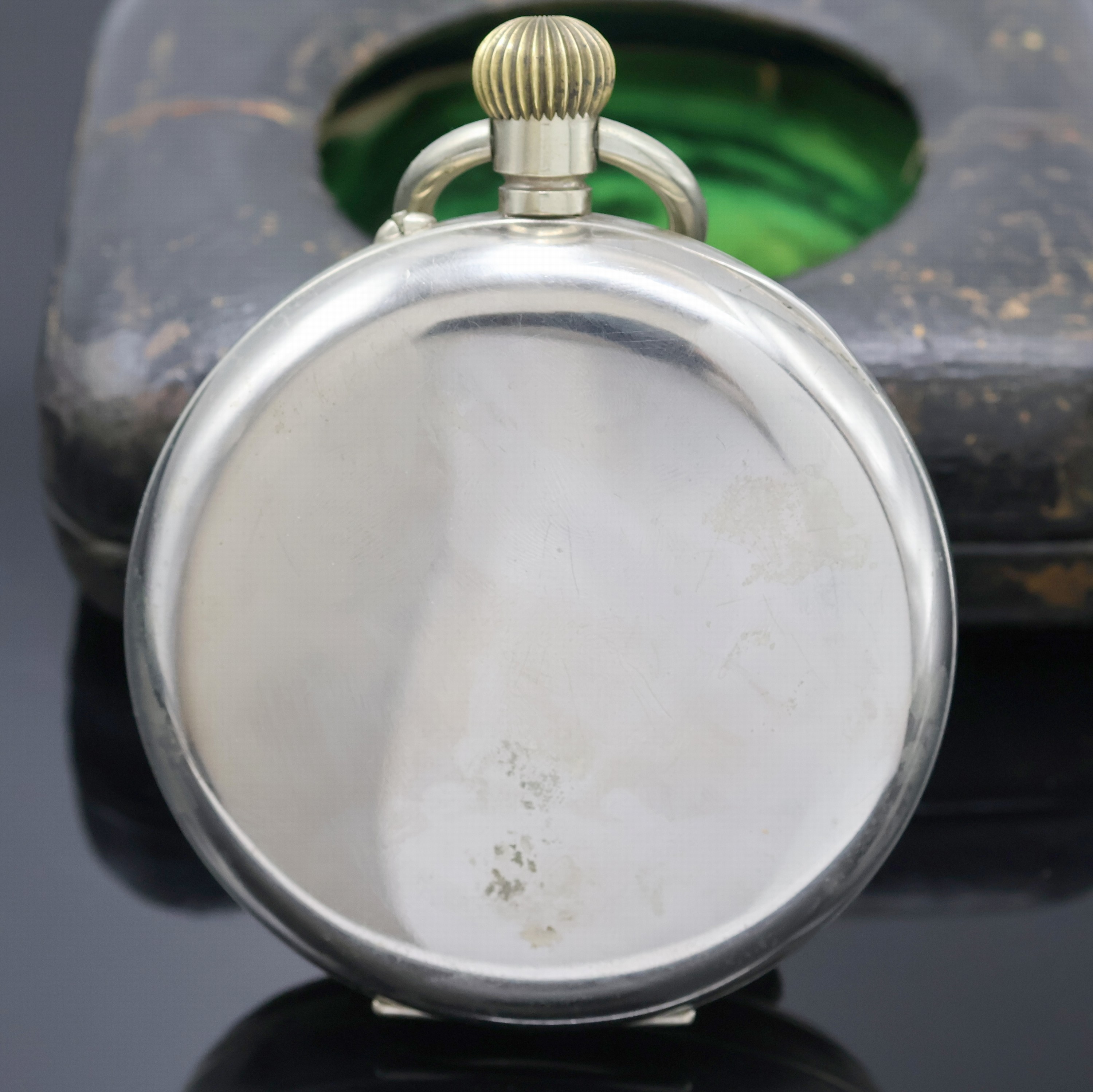 Detail a: A.WEBSTER & Co große Eisenbahner-Taschenuhr in Nickel, Schweiz um 1890, glattes Geh. dell., Emailzifferbl. riss., röm. Zahlen, gebl. Zeiger, kl. ...