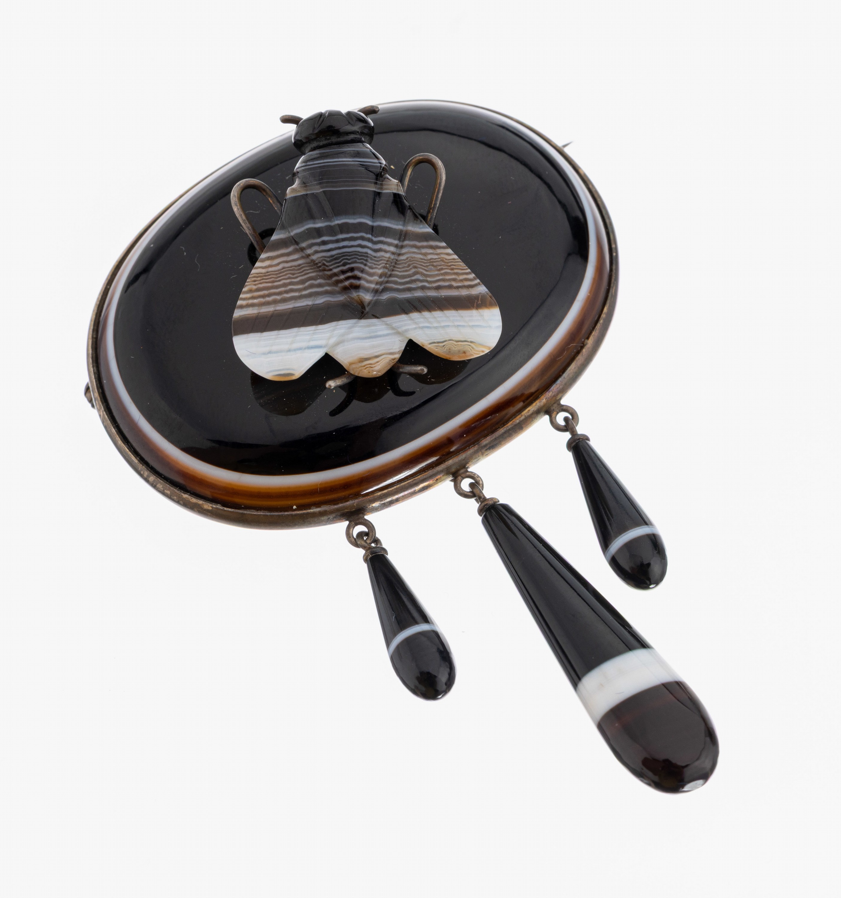 Image 27010253 - Achat-Brosche, Idar-Oberstein um 1880-1900, Montur Silber, ovaler Achat mit aufgelegter ...