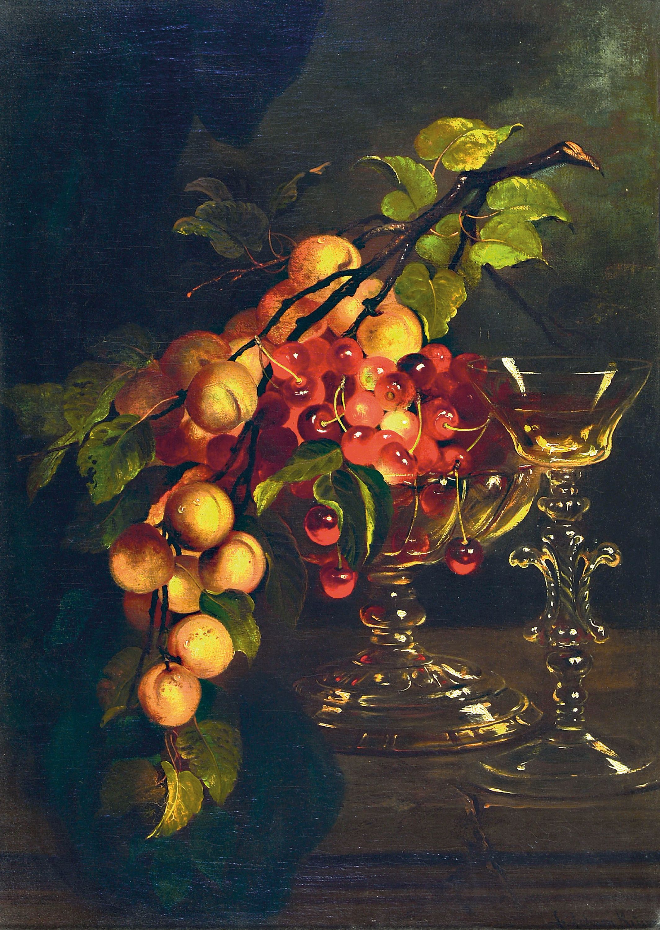 Image 27010255 - Ludwig Adam Kunz, 1857 Wien-1929 München, Stillleben mit Gläsern, Kirschen und ...