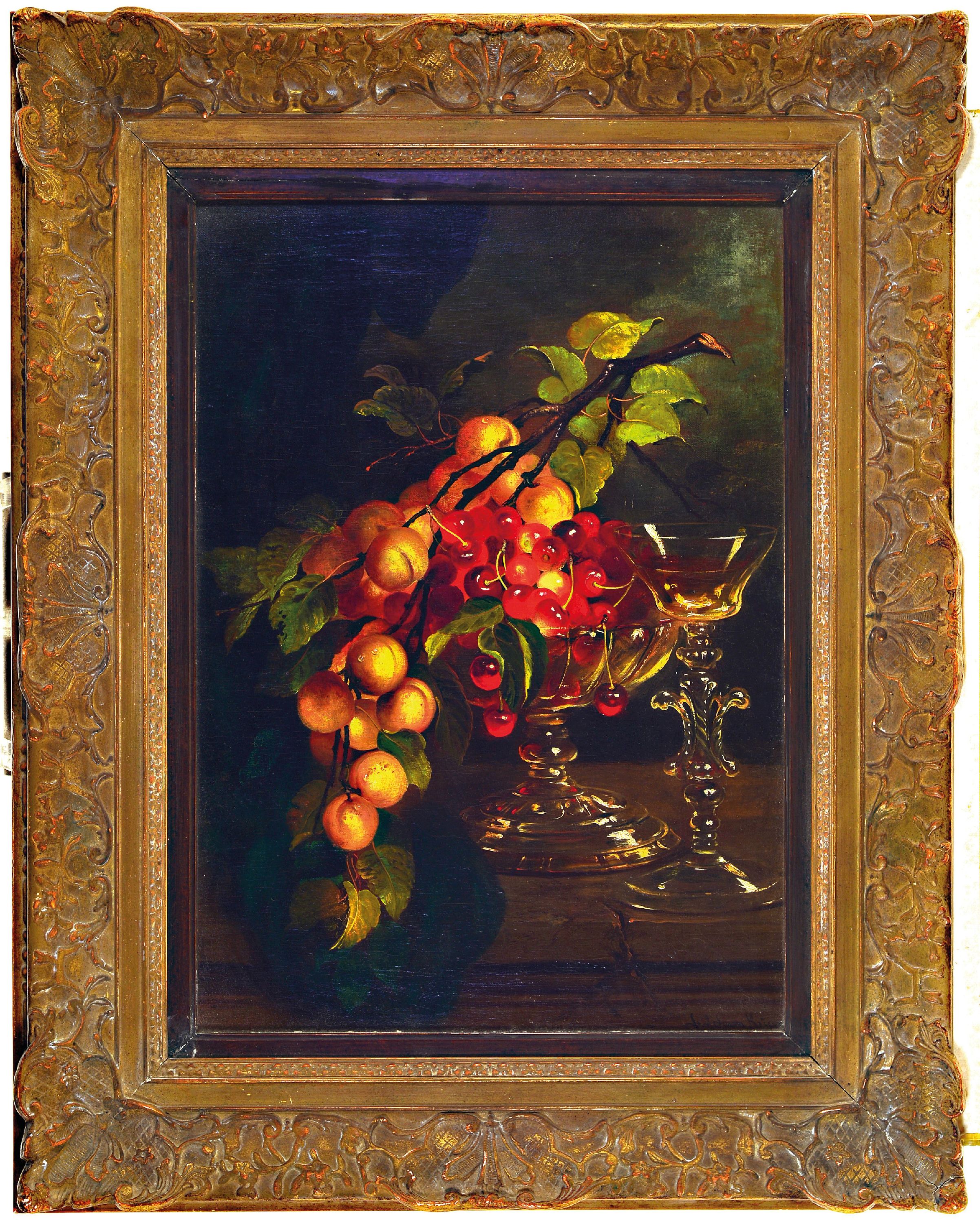Detail k: Ludwig Adam Kunz, 1857 Wien-1929 München, Stillleben mit Gläsern, Kirschen und Mirabellen, Öl/Lwd, rechts unten signiert, ca. 65x47cm, R. ca. ...