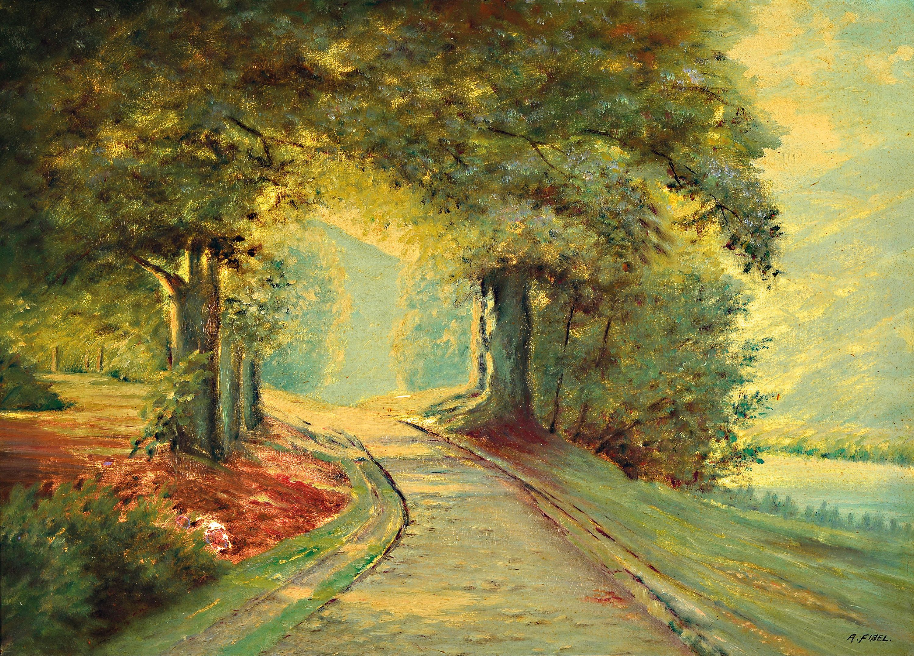 Image 27010297 - Albert Fisel, 1899 Diedesheim bei Mosbach- 1969, Baum bestandener Weg an einem Fluss, ...