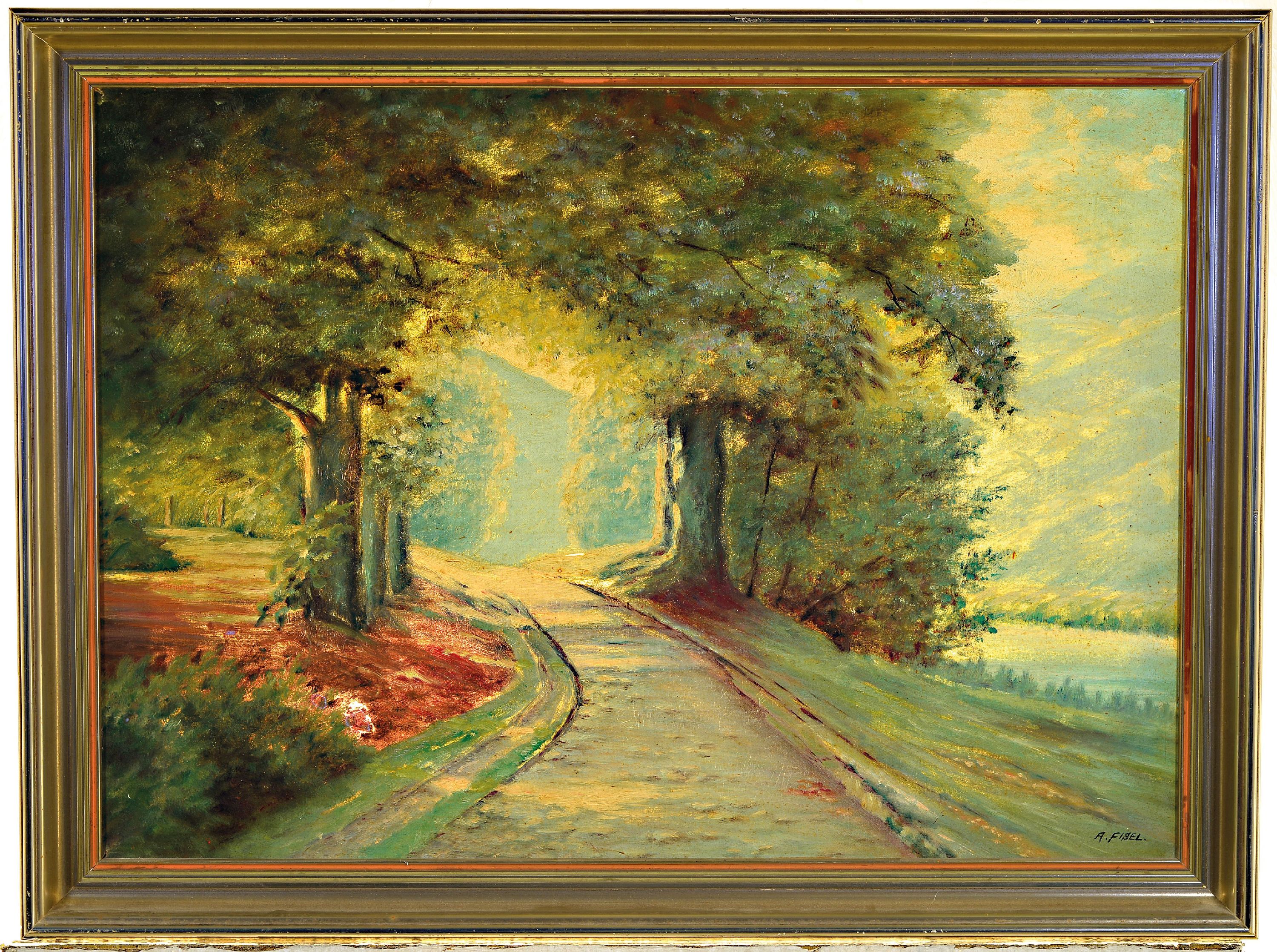 Detail k: Albert Fisel, 1899 Diedesheim bei Mosbach- 1969, Baum bestandener Weg an einem Fluss, Öl/Lwd, rechts unten sign., ca. 50x70cm, R. ca. 58x78cm