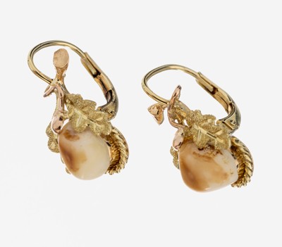 27010200a - 14 kt Gold Grandel-Ohrhänger, 1950er Jahre, GG/RG 585/000, Eichenlaubdekor, 2 Grandeln, ...