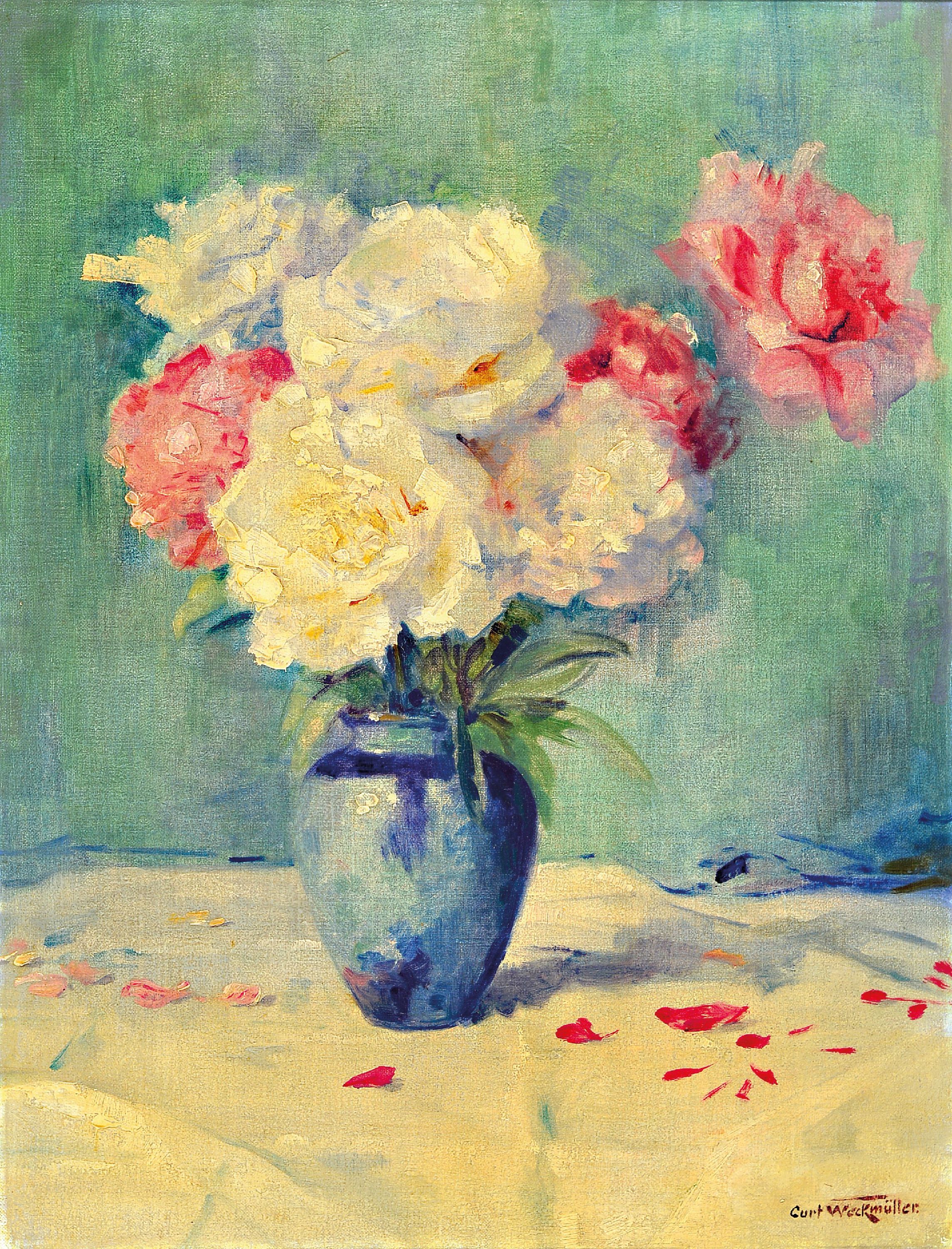 Image 27010301 - Curt Weckmüller, geb. 1877 Schöndorf, Stillleben mit weißen und rosa Rosen, Öl/Lwd, ...