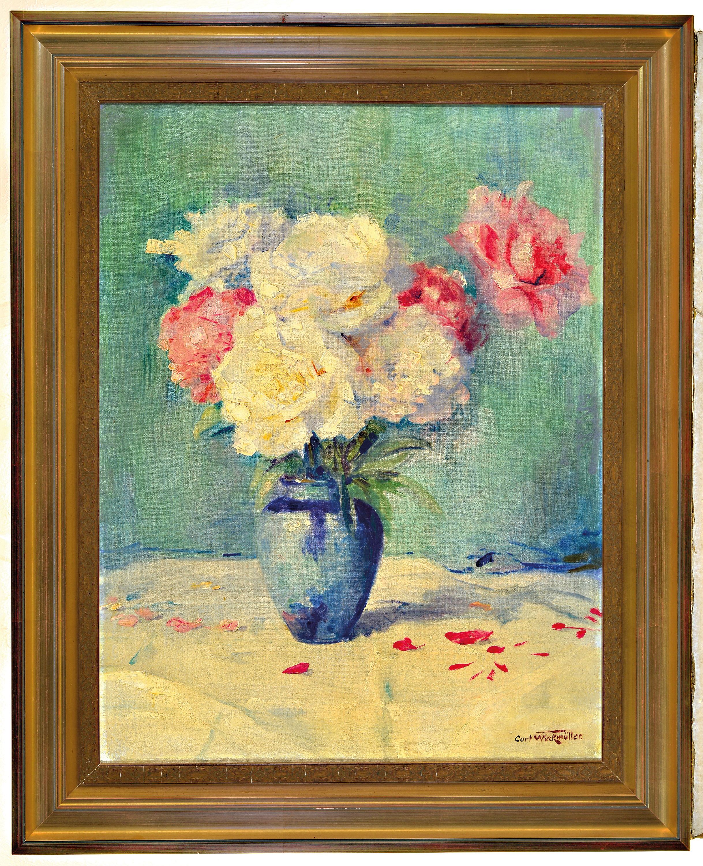 Detail k: Curt Weckmüller, geb. 1877 Schöndorf, Stillleben mit weißen und rosa Rosen, Öl/Lwd, rechts unten sign., ca. 50x65cm, R. ca. 81x65cm, Weckmüller ...