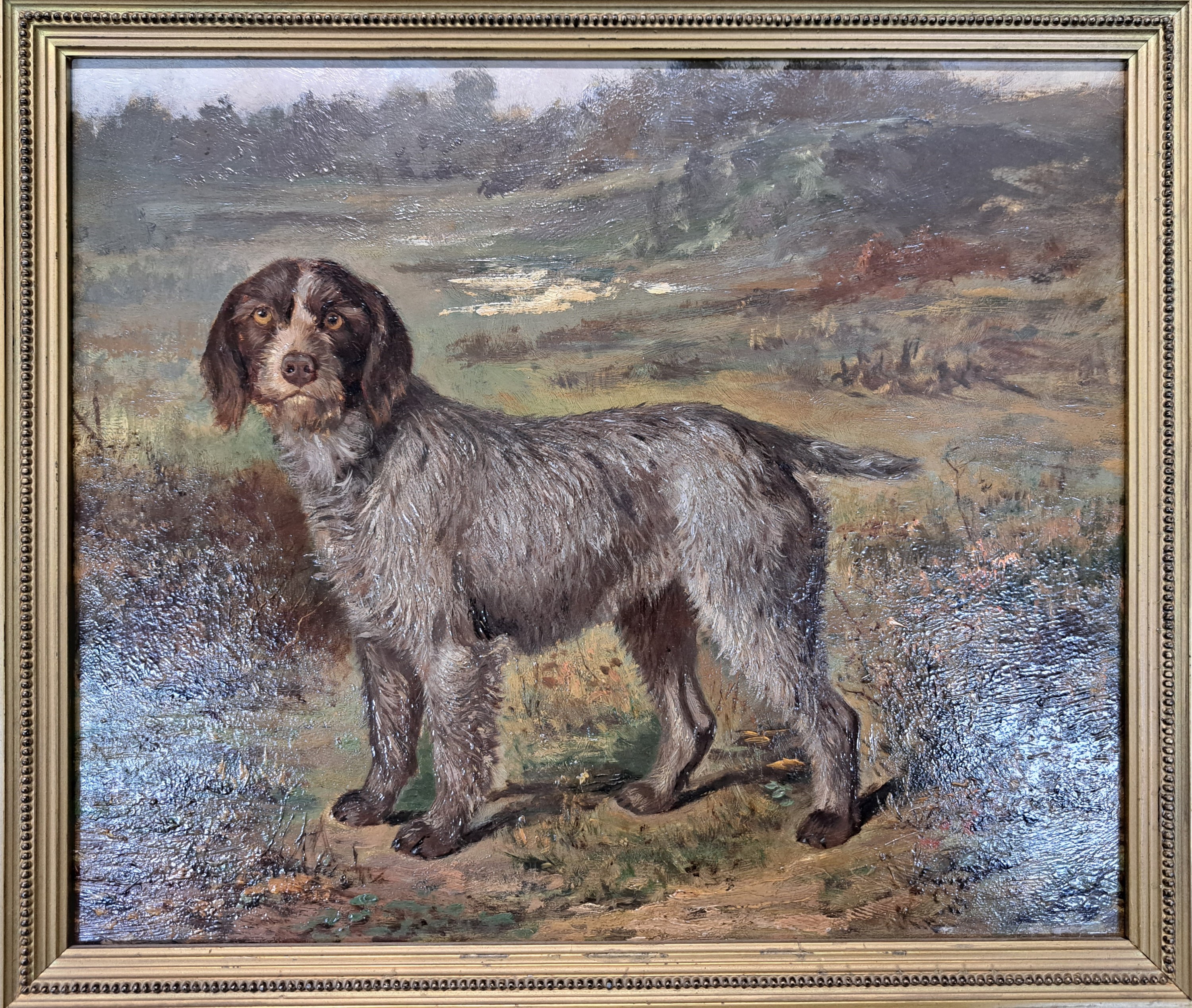 Detail b: Unbekannter Maler, 1. Hälfte 20. Jh., Darstellung eines Jagdhundes (Spinone italiano) in Moorlandschaft, Öl/Holz, unsign., ca. 32x38cm, R. ca. ...
