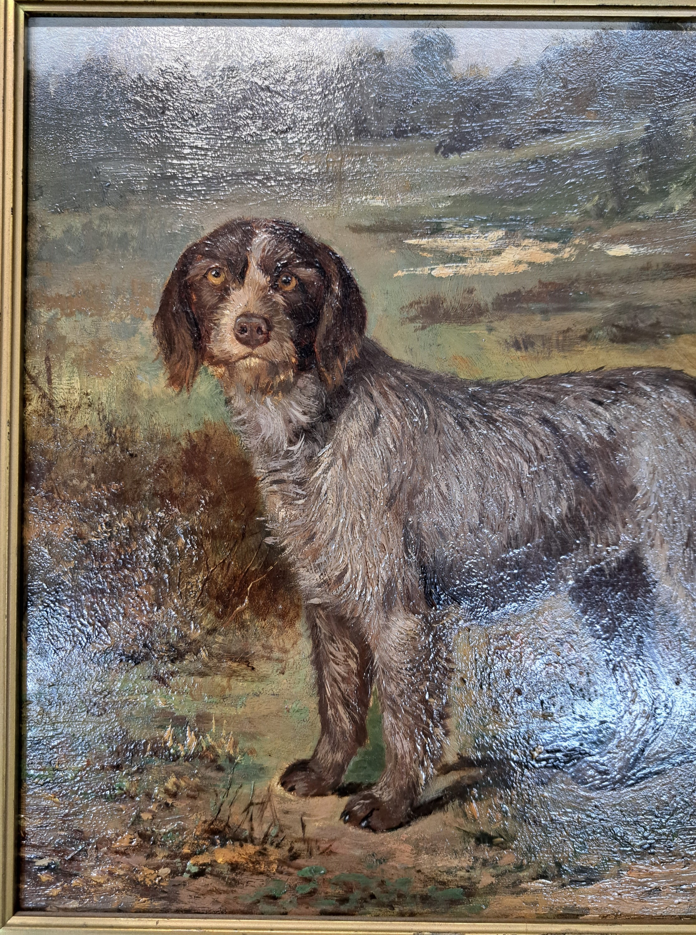 Detail d: Unbekannter Maler, 1. Hälfte 20. Jh., Darstellung eines Jagdhundes (Spinone italiano) in Moorlandschaft, Öl/Holz, unsign., ca. 32x38cm, R. ca. ...