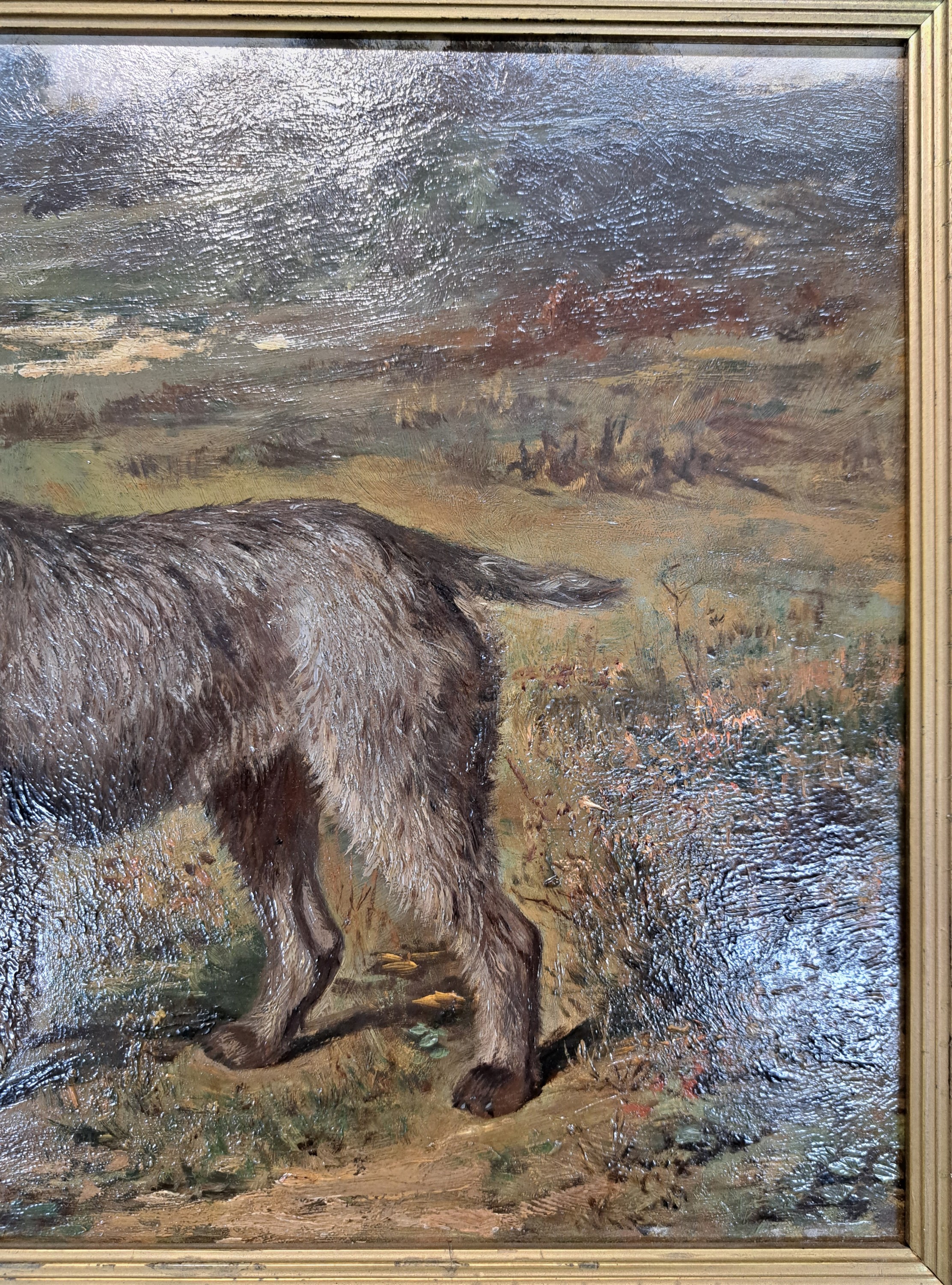 Detail e: Unbekannter Maler, 1. Hälfte 20. Jh., Darstellung eines Jagdhundes (Spinone italiano) in Moorlandschaft, Öl/Holz, unsign., ca. 32x38cm, R. ca. ...