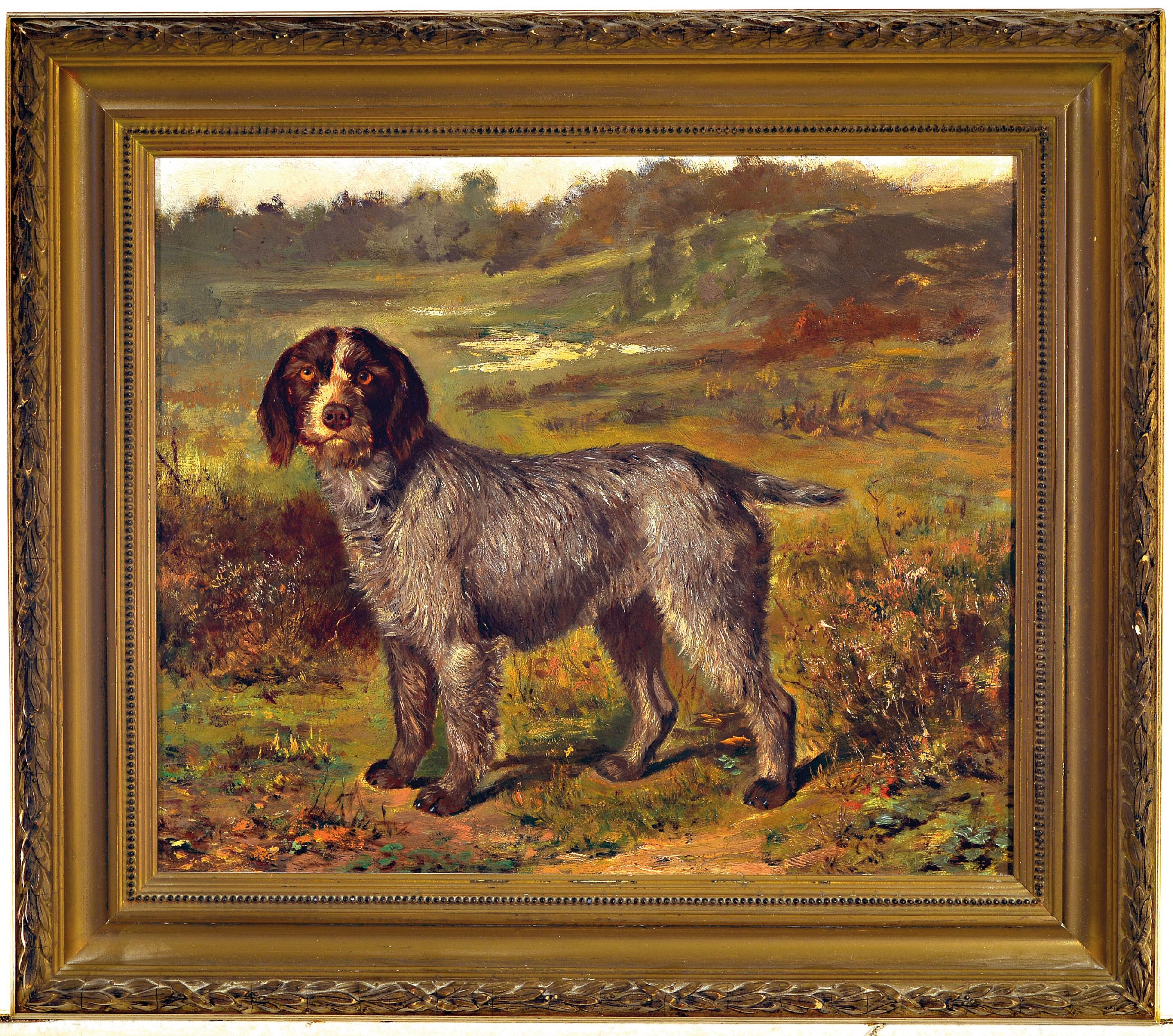 Detail k: Unbekannter Maler, 1. Hälfte 20. Jh., Darstellung eines Jagdhundes (Spinone italiano) in Moorlandschaft, Öl/Holz, unsign., ca. 32x38cm, R. ca. ...