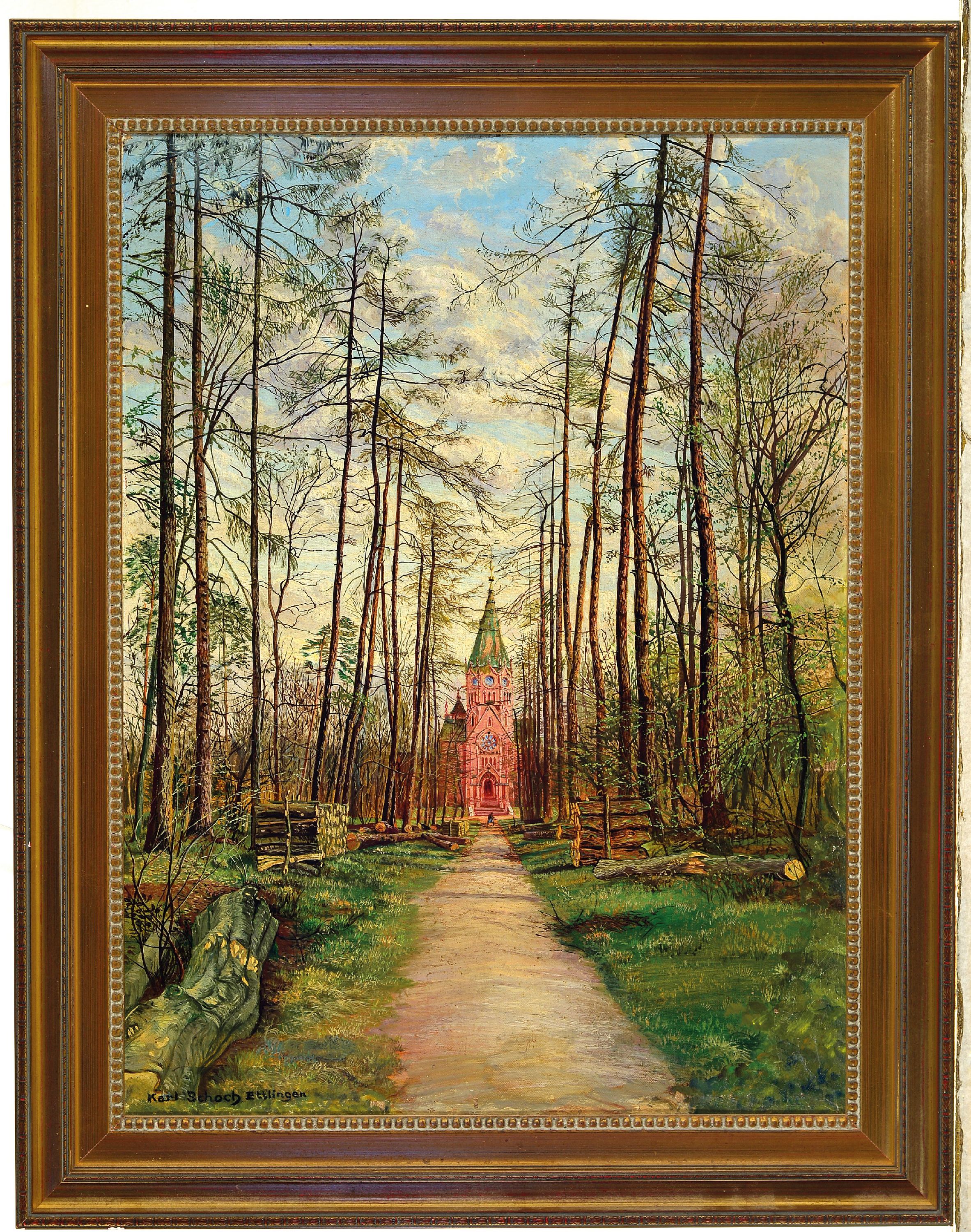 Detail k: Karl Schoch, 1948 Burgdorf-1903 München, Blick auf die Großherzogliche Grabkapelle in Karlsruhe, Öl/Lwd, links unten signiert R. Schoch Ettlingen, ...