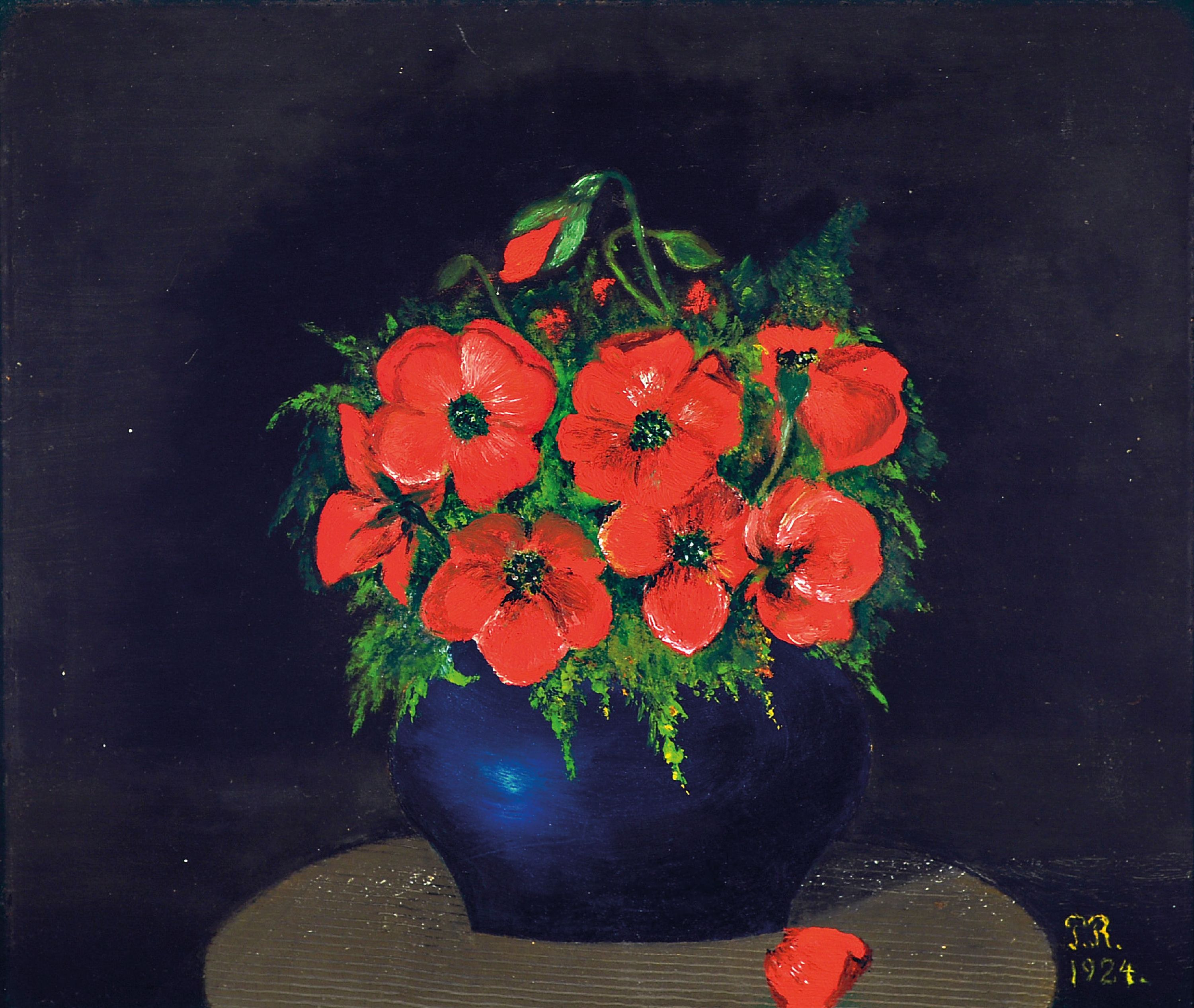 Image 27010319 - Monogrammist P.R., datiert 1924, Stillleben mit Mohnblumen in blauer Vase, ...