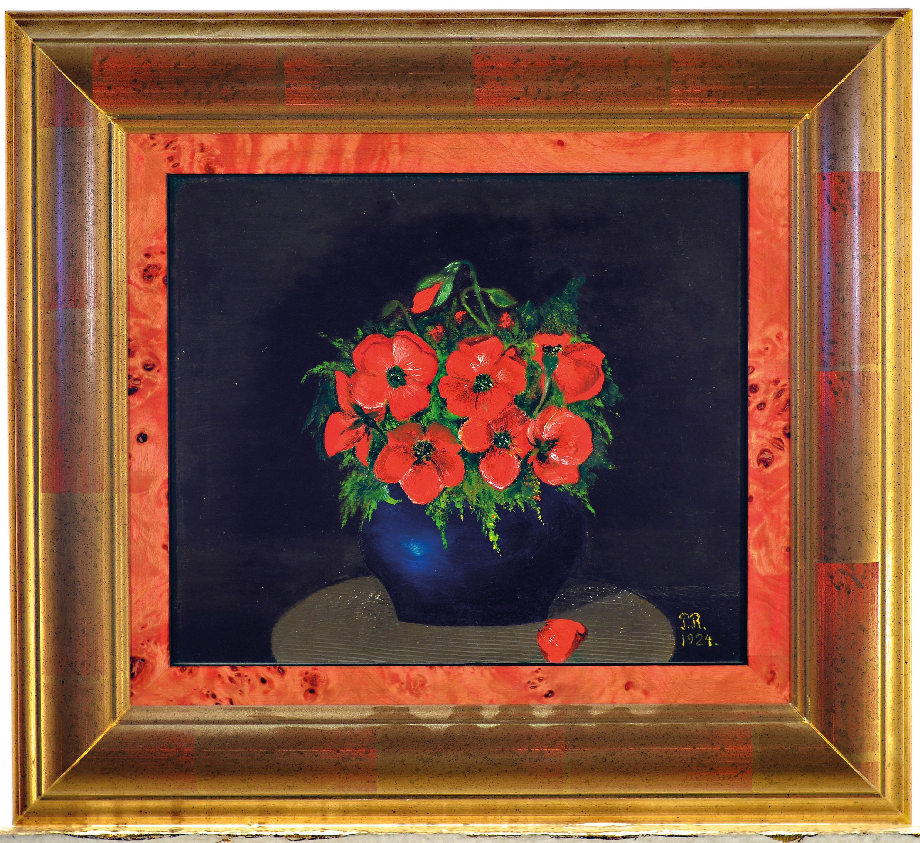 Detail k: Monogrammist P.R., datiert 1924, Stillleben mit Mohnblumen in blauer Vase, Öl/Malkarton, rechts unten monogr. und dat., ca. 20x23cm, R. ca. 33x37cm