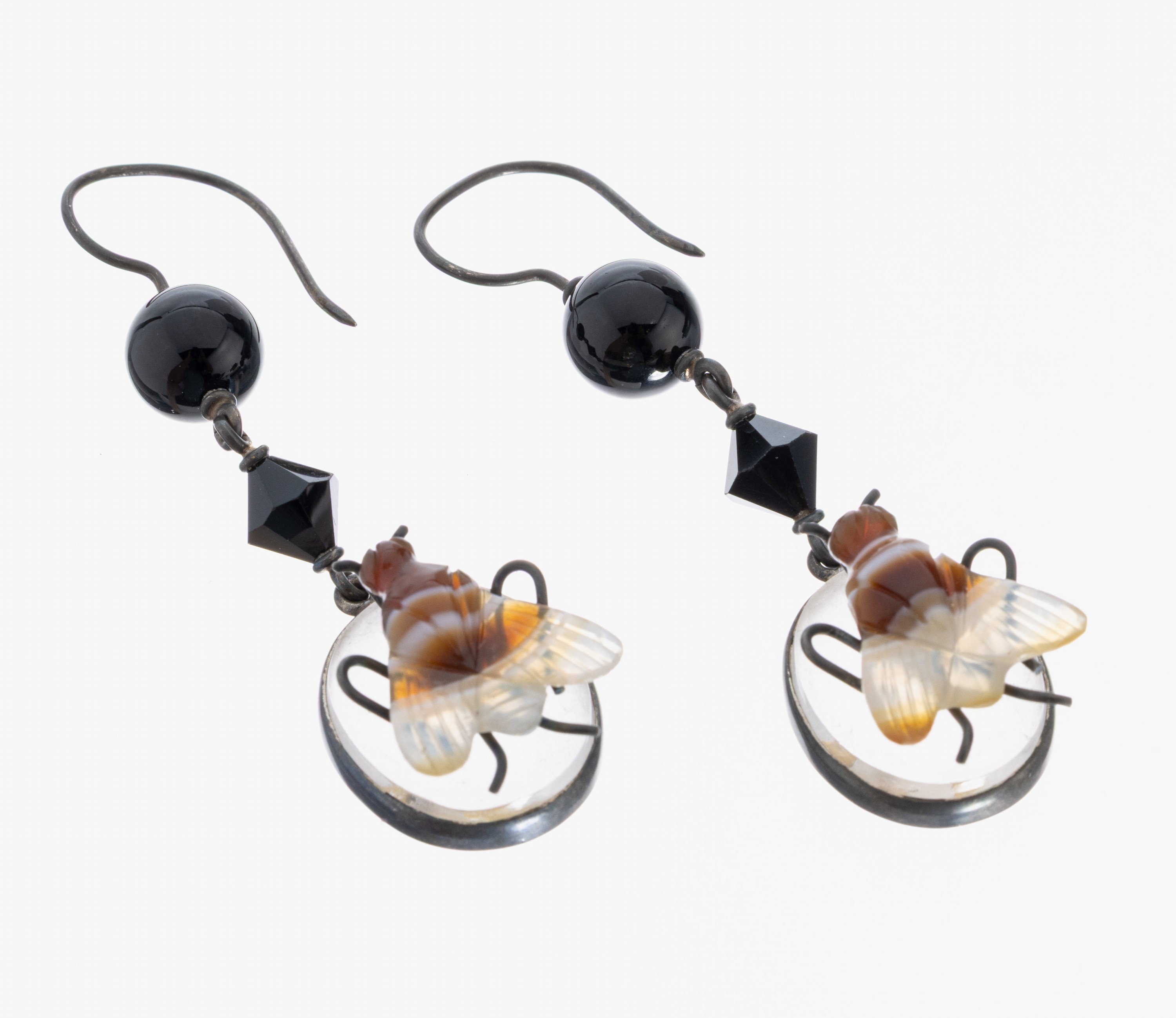 Image 27010331 - Paar Onyx-Bergkristall-Achat-Ohrhänger, Idar- Oberstein um 1900, länglich bewegl., ...