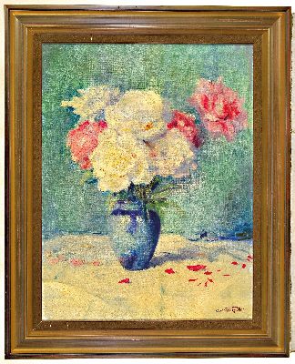 27010301k - Curt Weckmüller, geb. 1877 Schöndorf, Stillleben mit weißen und rosa Rosen, Öl/Lwd, ...