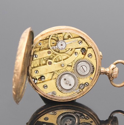 27010316d - Damentaschenuhr in RG 585/000, Schweiz um 1900, offenes, fein grav. Geh. dell., auf ...