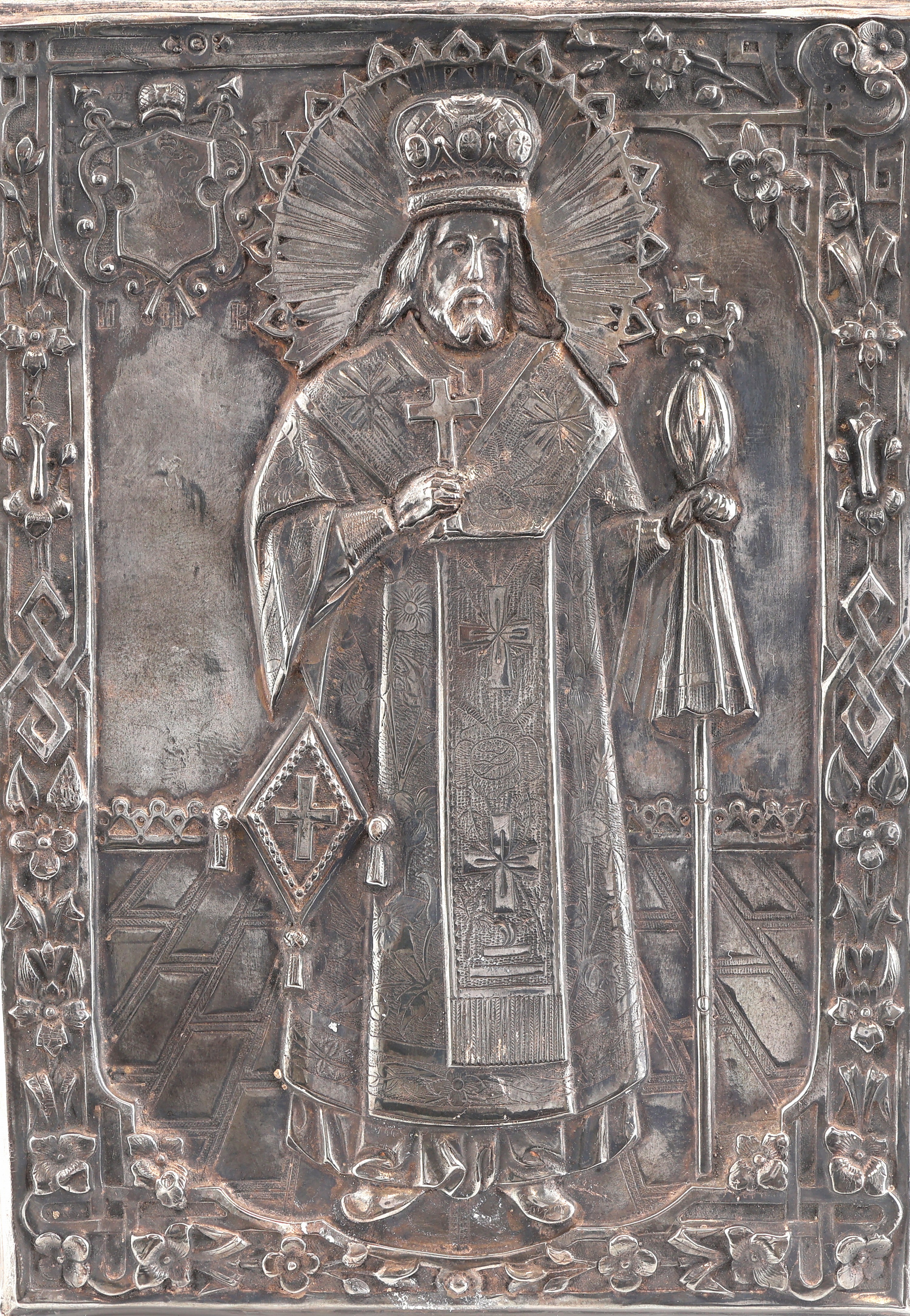 Detail b: Russische Ikone, 1880er Jahre, 84er Silber,Darstellung des Heiligen Josaphat von Bjelograd, Kopfbedeckung der byzanth. Kaiserkrone nachempfunden, ...
