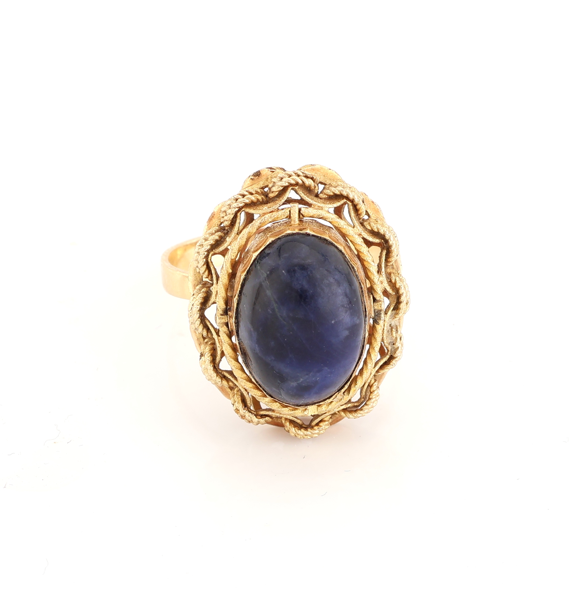 Detail a: 14 kt Gold Farbstein-Ring, GG 585/000 gepr., drehbarer Ringkopf, 1 Seite Rhodochrosit-Cabochon, 1 Seite Sodalith- Cabochon, RW 55, ca. 6.9 g