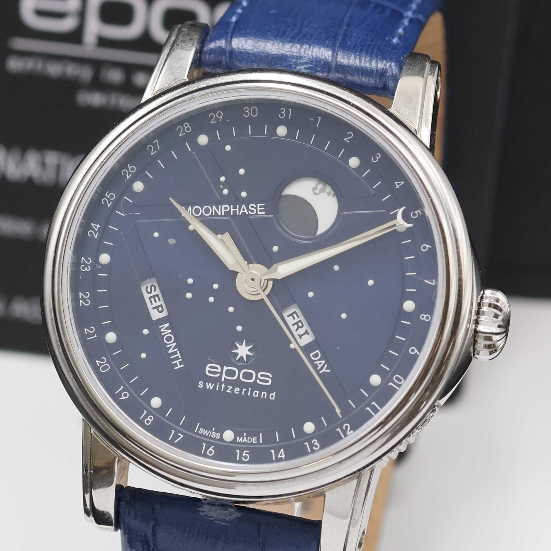 Detail a: EPOS BM North Star Herrenarmbanduhr Referenz 3439K/0978, Schweiz lt. beil. Pap. verk. 11/2024, Automatik, Edelstahlgeh. an blauem Lederband, beids. ...