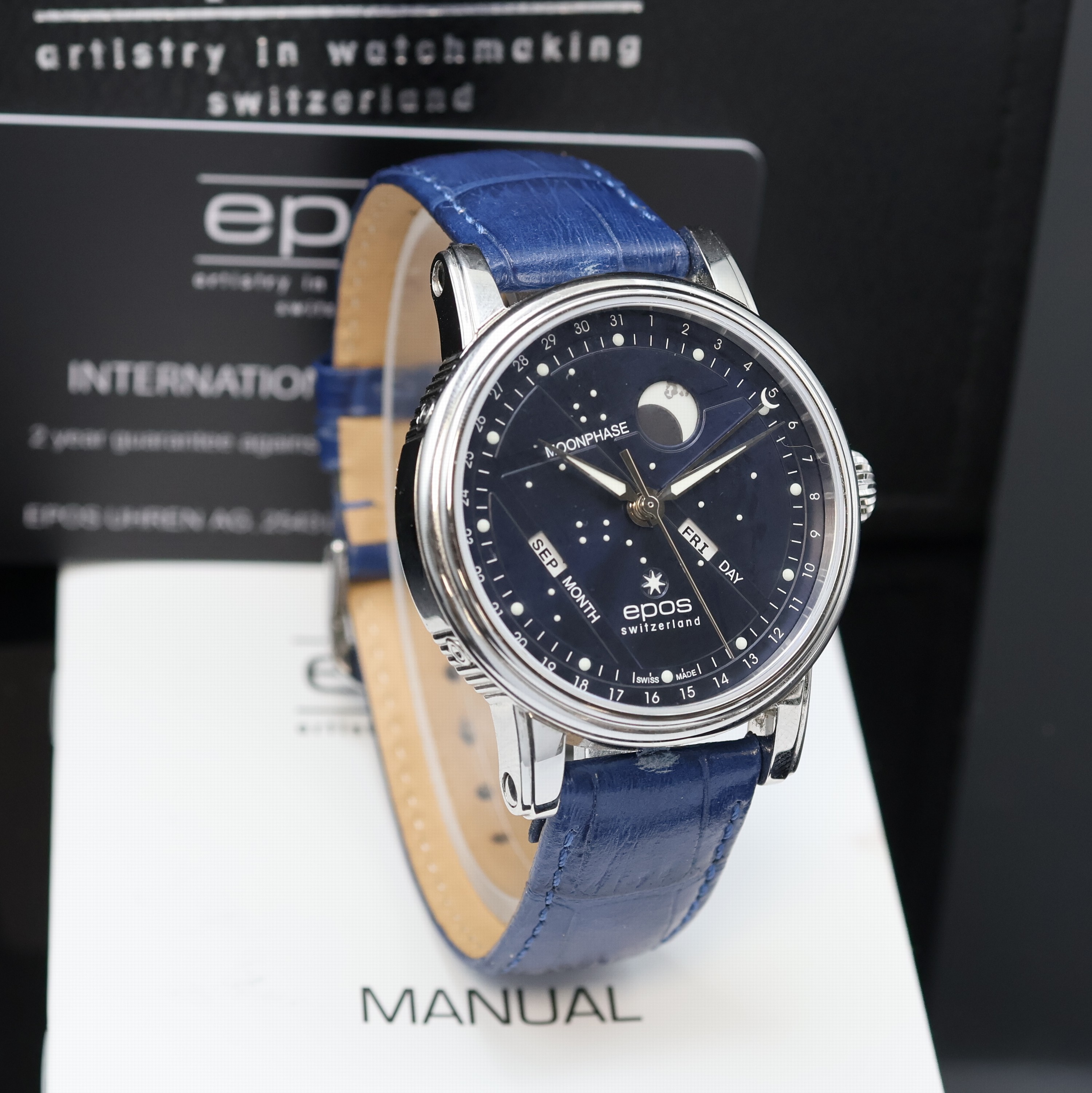 Detail b: EPOS BM North Star Herrenarmbanduhr Referenz 3439K/0978, Schweiz lt. beil. Pap. verk. 11/2024, Automatik, Edelstahlgeh. an blauem Lederband, beids. ...
