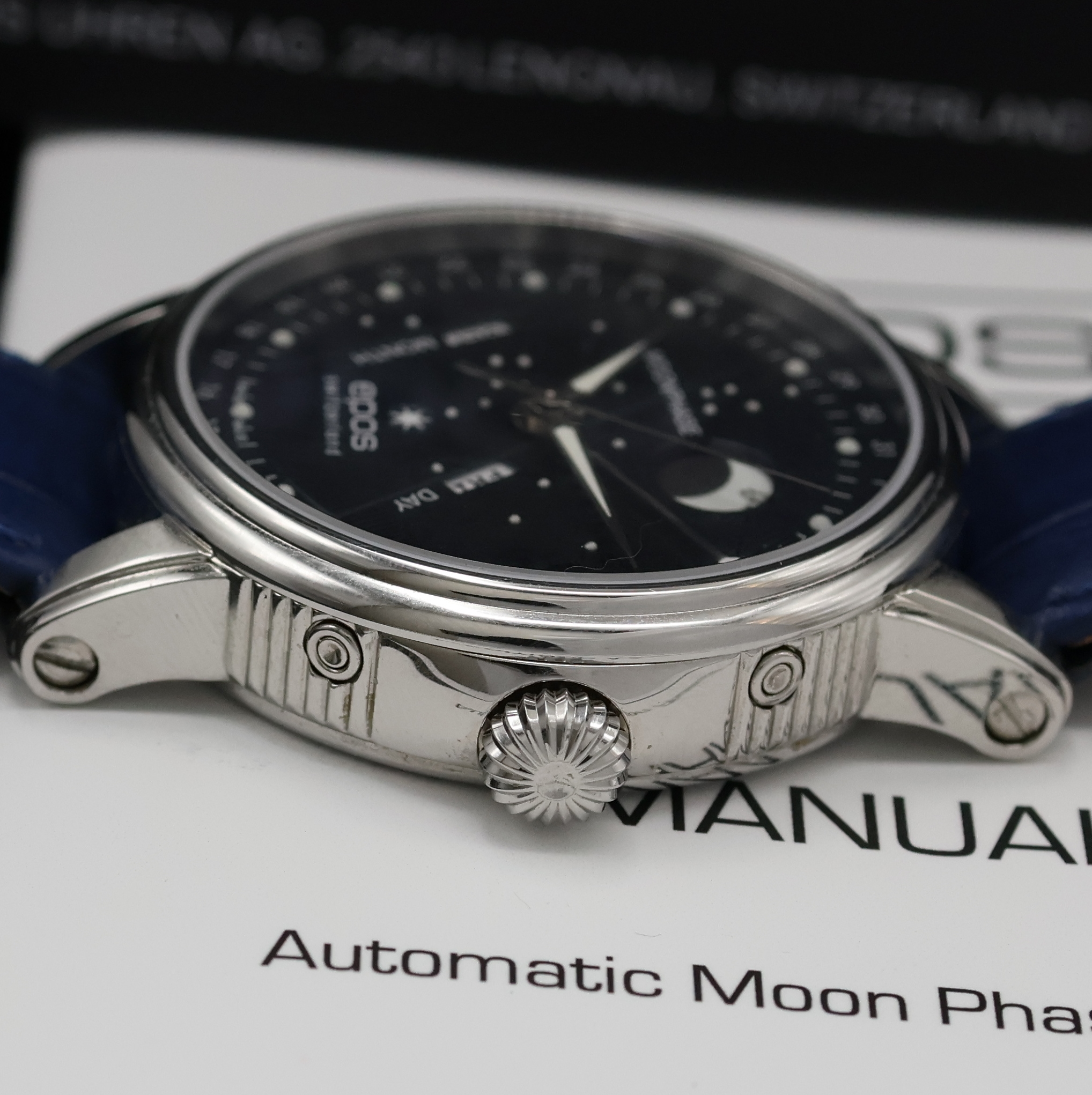 Detail d: EPOS BM North Star Herrenarmbanduhr Referenz 3439K/0978, Schweiz lt. beil. Pap. verk. 11/2024, Automatik, Edelstahlgeh. an blauem Lederband, beids. ...