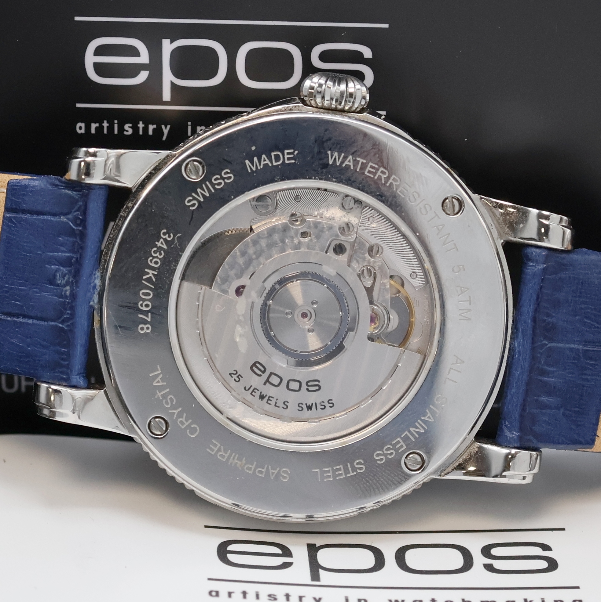 Detail e: EPOS BM North Star Herrenarmbanduhr Referenz 3439K/0978, Schweiz lt. beil. Pap. verk. 11/2024, Automatik, Edelstahlgeh. an blauem Lederband, beids. ...