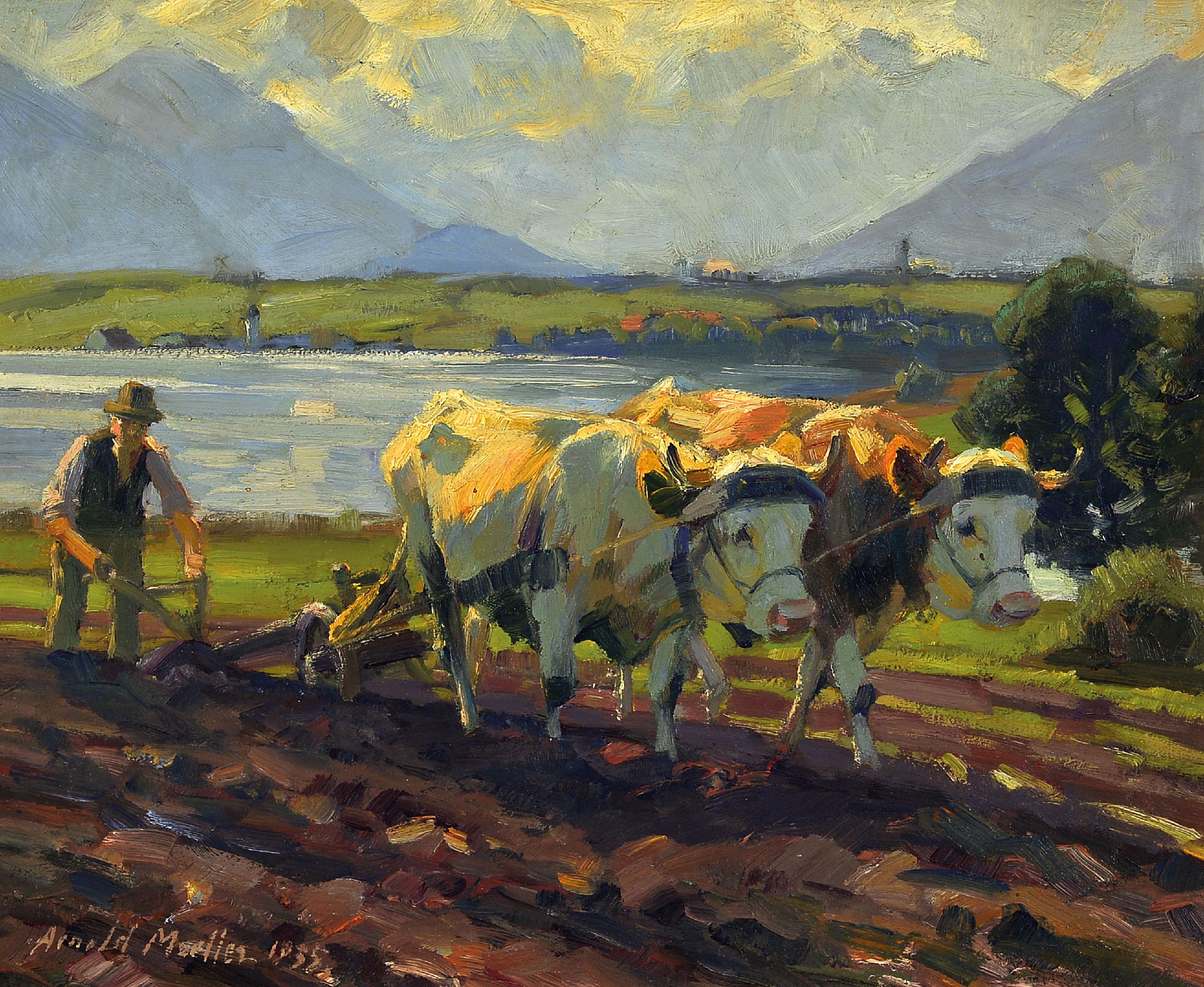 Image 27010644 - Arnold Möller,1886 Bückeburg-1963 Bruckmühl, ´Am Riegsee´, pflügender Bauer mit ...