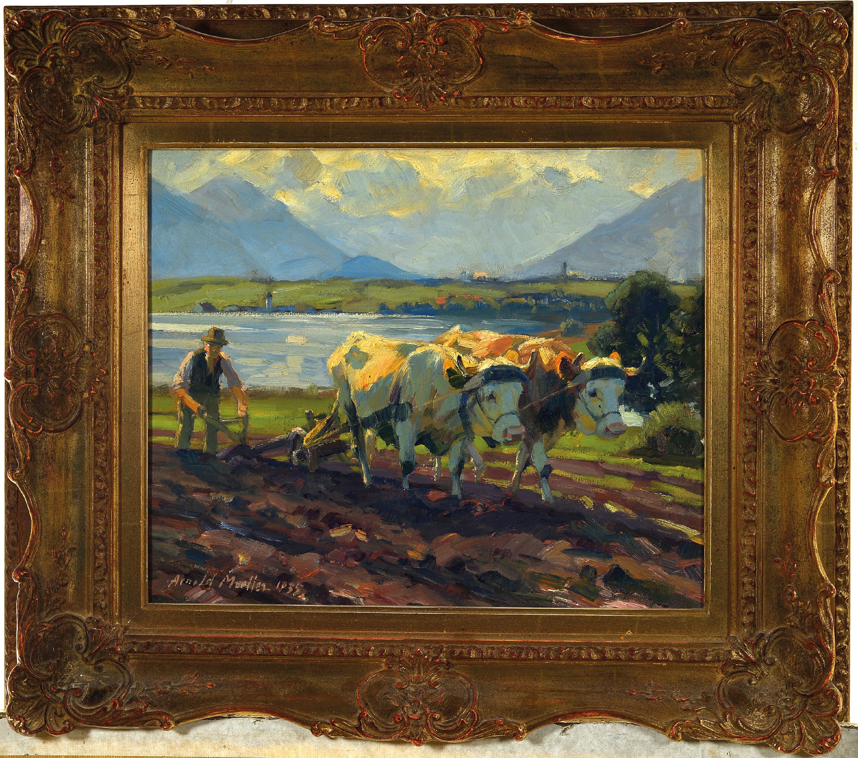 Detail k: Arnold Möller,1886 Bückeburg-1963 Bruckmühl, "Am Riegsee", pflügender Bauer mit Kühen, links unten signiert und datiert 1935, ...
