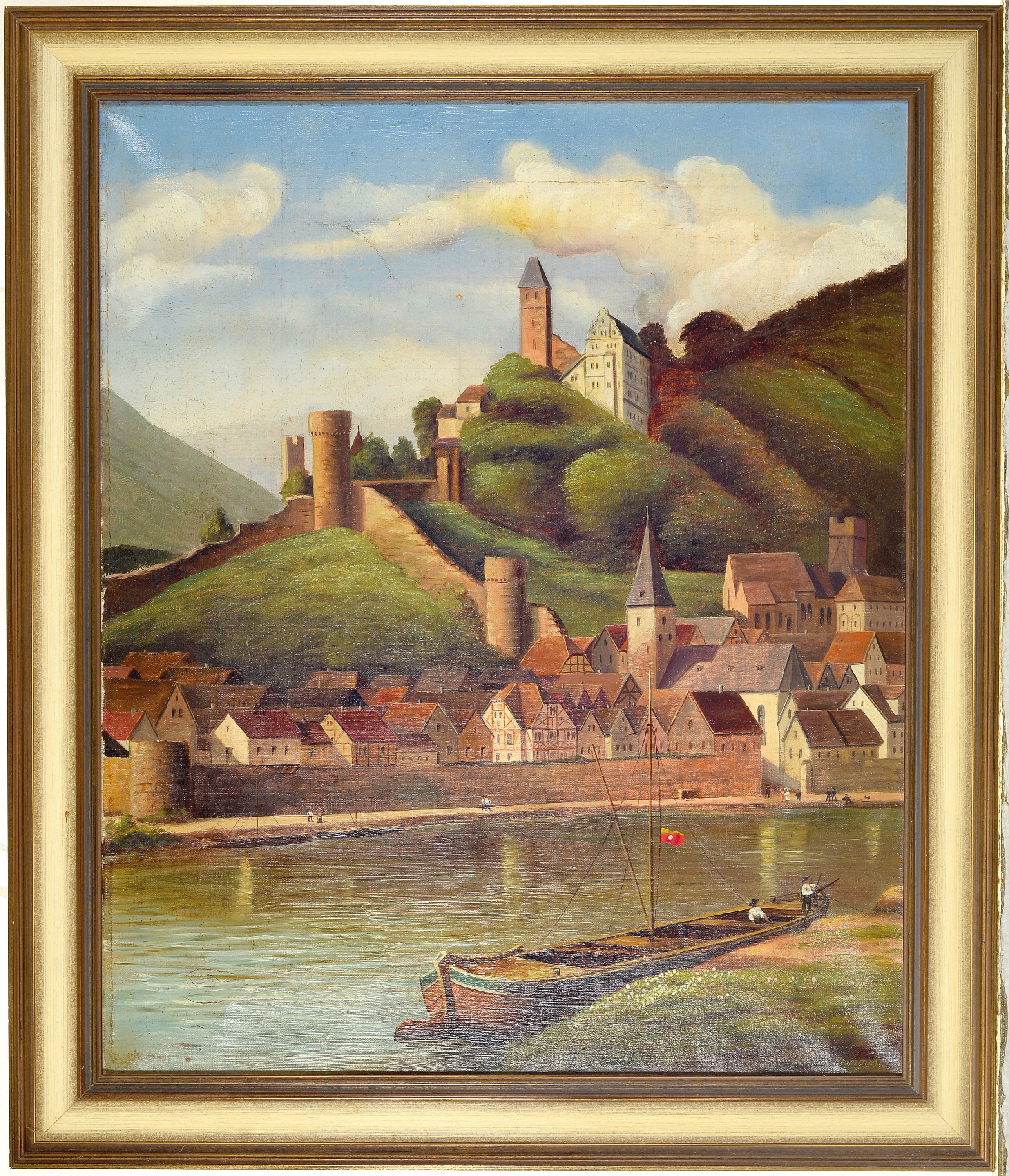 Detail k: R. Steinmetz, deutscher Künstler des 19.Jh., "Hirschhorn am Neckar" so verso bez., signiert, Öl/Lwd, Alterssp., 65x55 cm