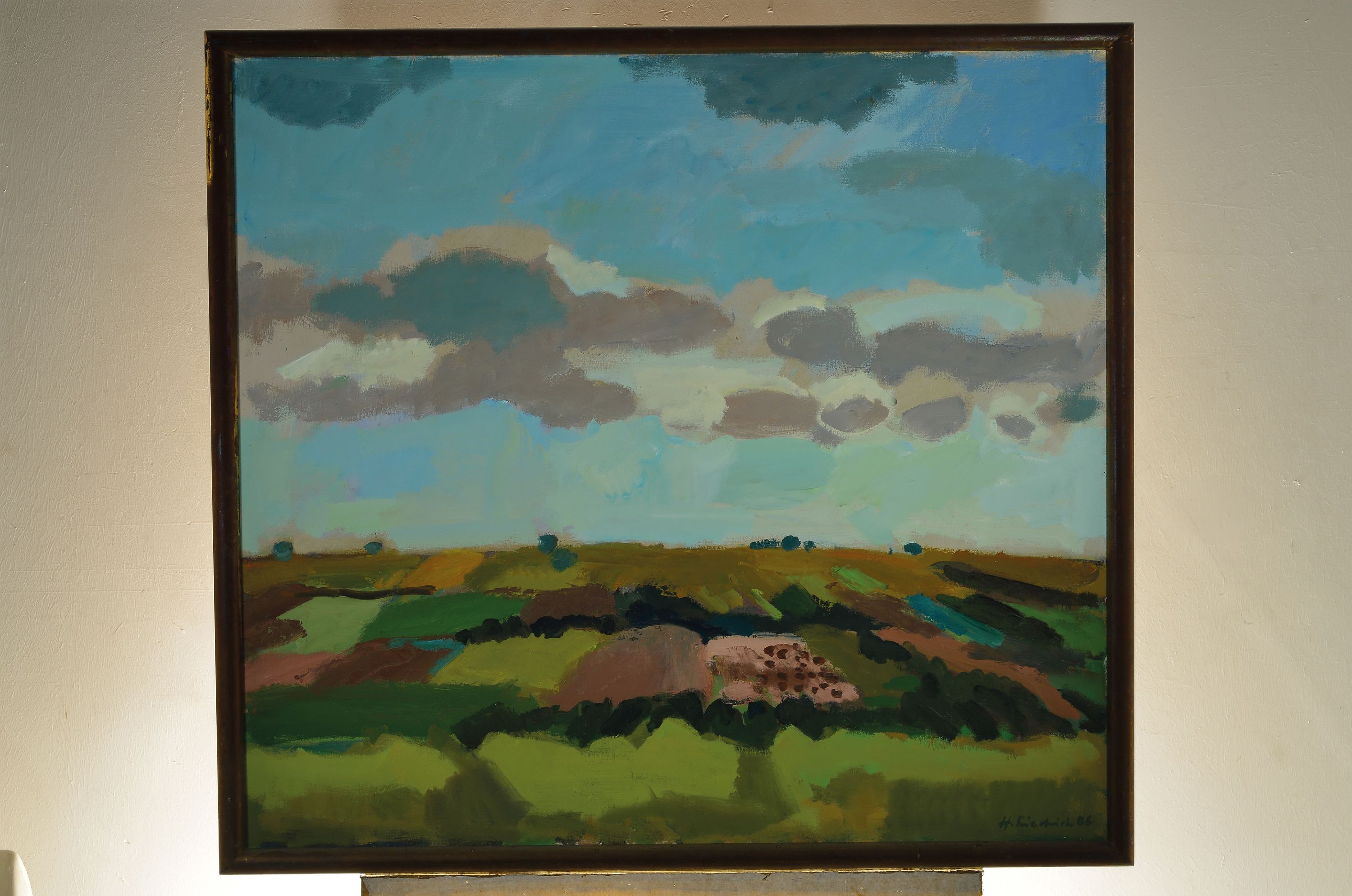 Detail k: Heinz Friedrich, 1924-2018 Schwetzingen, große Kulturlandschaft bei Landau, rechts unten signiert und datiert 1986, Öl/Lwd, 100x110 cm, Rahmen ...