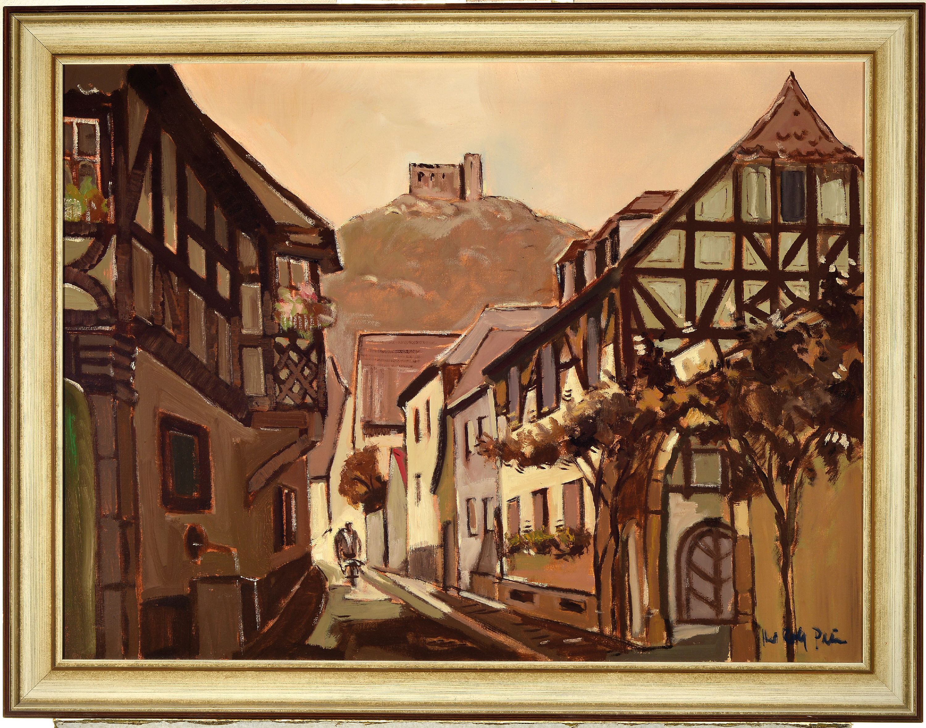 Detail k: Hans Rolf Peter, 1926 Neustadt-2020, Blick durch Hambach auf das Schloß, signiert, Öl/Lwd, Rahmen 70x90 cm
