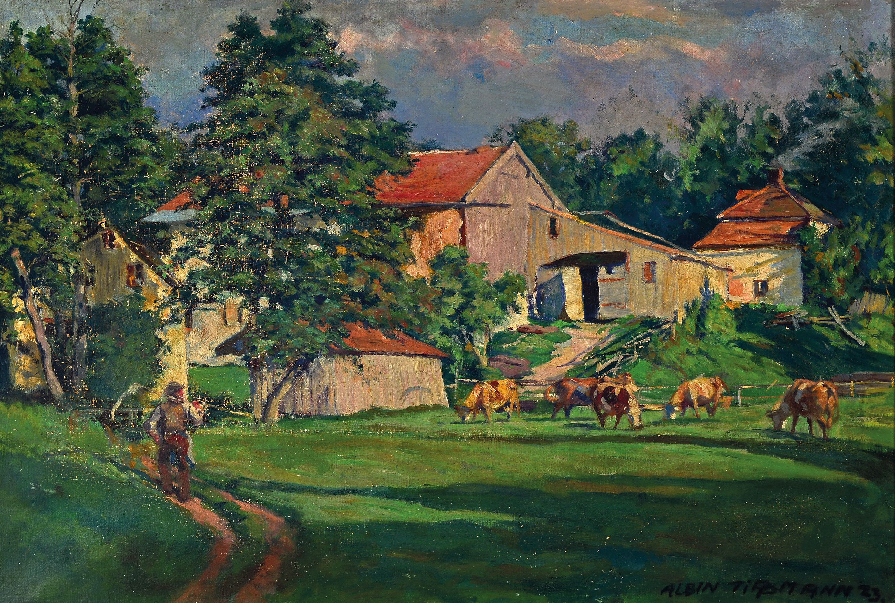 Image 27010662 - Albin Tippmann, 1873 Wurzen-1952 München, Blick auf ein Gehöft mit Vieh und Bauer, ...